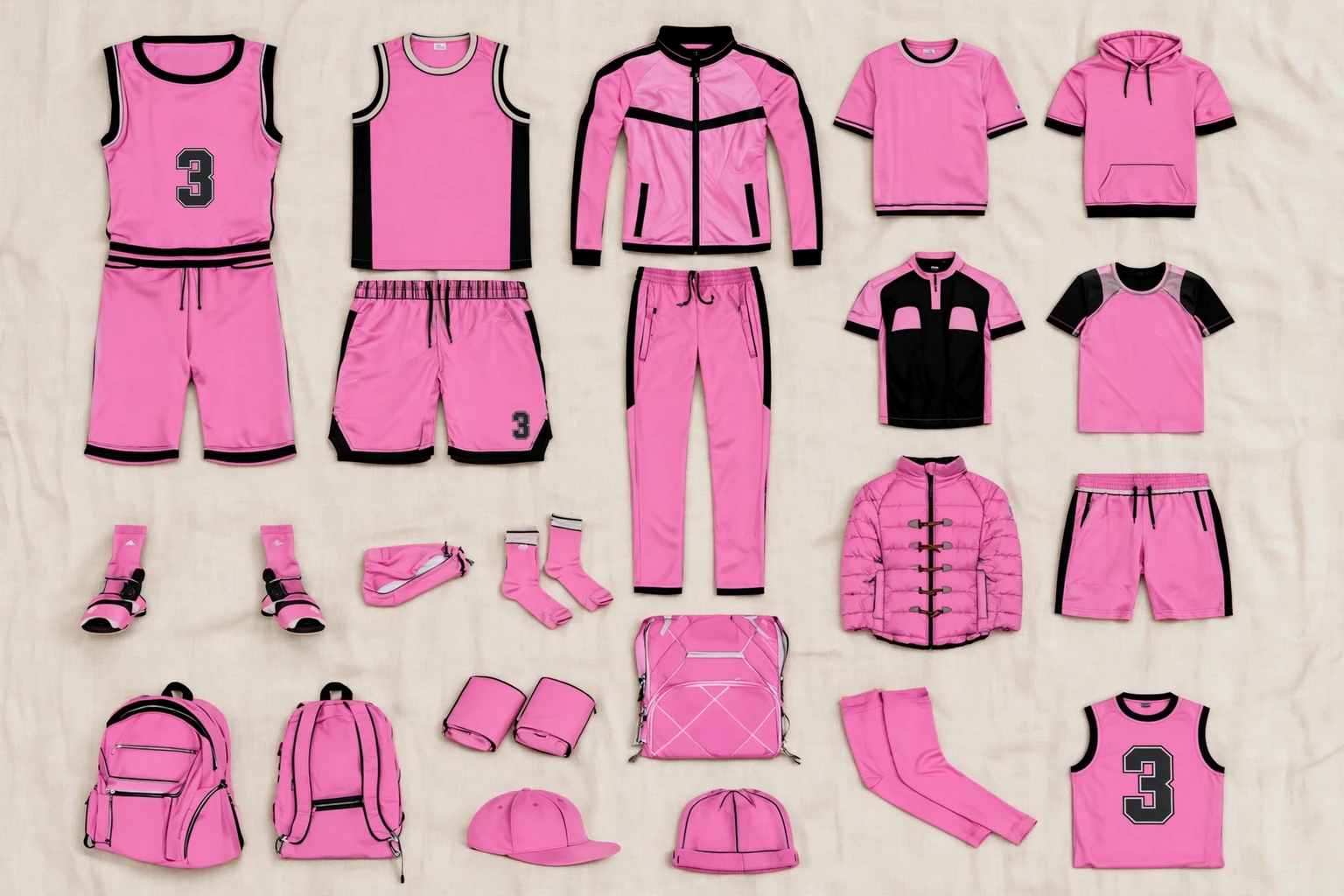 Pink number 3 basketball team apparel collection flat lay jerseys shorts tracksuits bags hats showing streamlined sourcing from single manufacturing partner