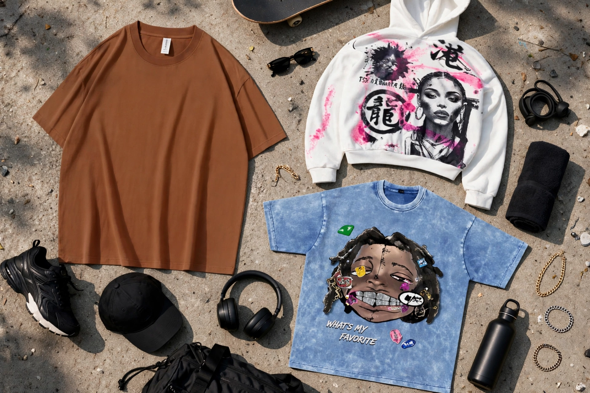 Funky streetwear collection flatlay brown oversized t-shirt white cropped hoodie with pink Japanese graphic blue acid wash WHAT'S MY FAVORITE dreadlocks tee on concrete with skateboard headphones - Deuka Wear athletic to lifestyle 1536x1024