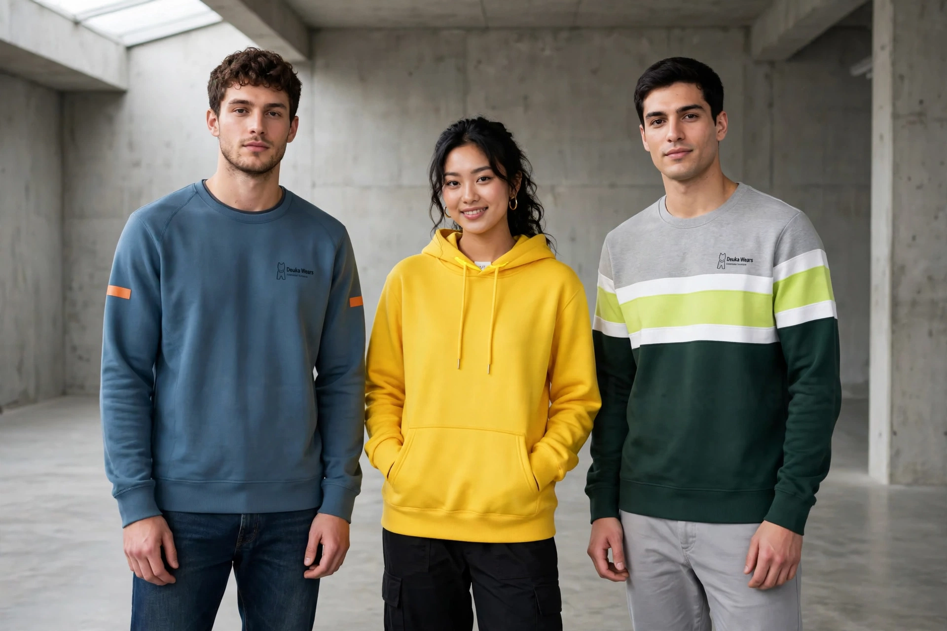 Three models side by side in concrete studio wearing slate blue crewneck with orange tabs, bright yellow hoodie, and grey lime dark green colorblock sweatshirt, 1536 by 1024 landscape, group editorial shot, all products preserved exactly