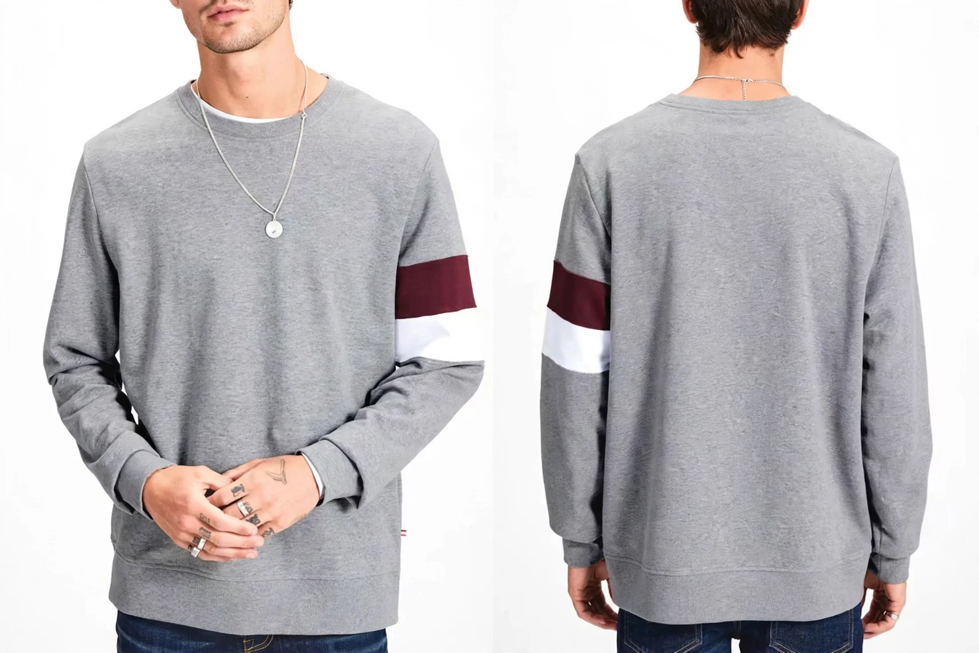 Oversized boxy fit heather gray sweatshirt with burgundy and white sleeve stripes - dropped shoulder, wider chest, contemporary streetwear heavyweight pullover - front and back view