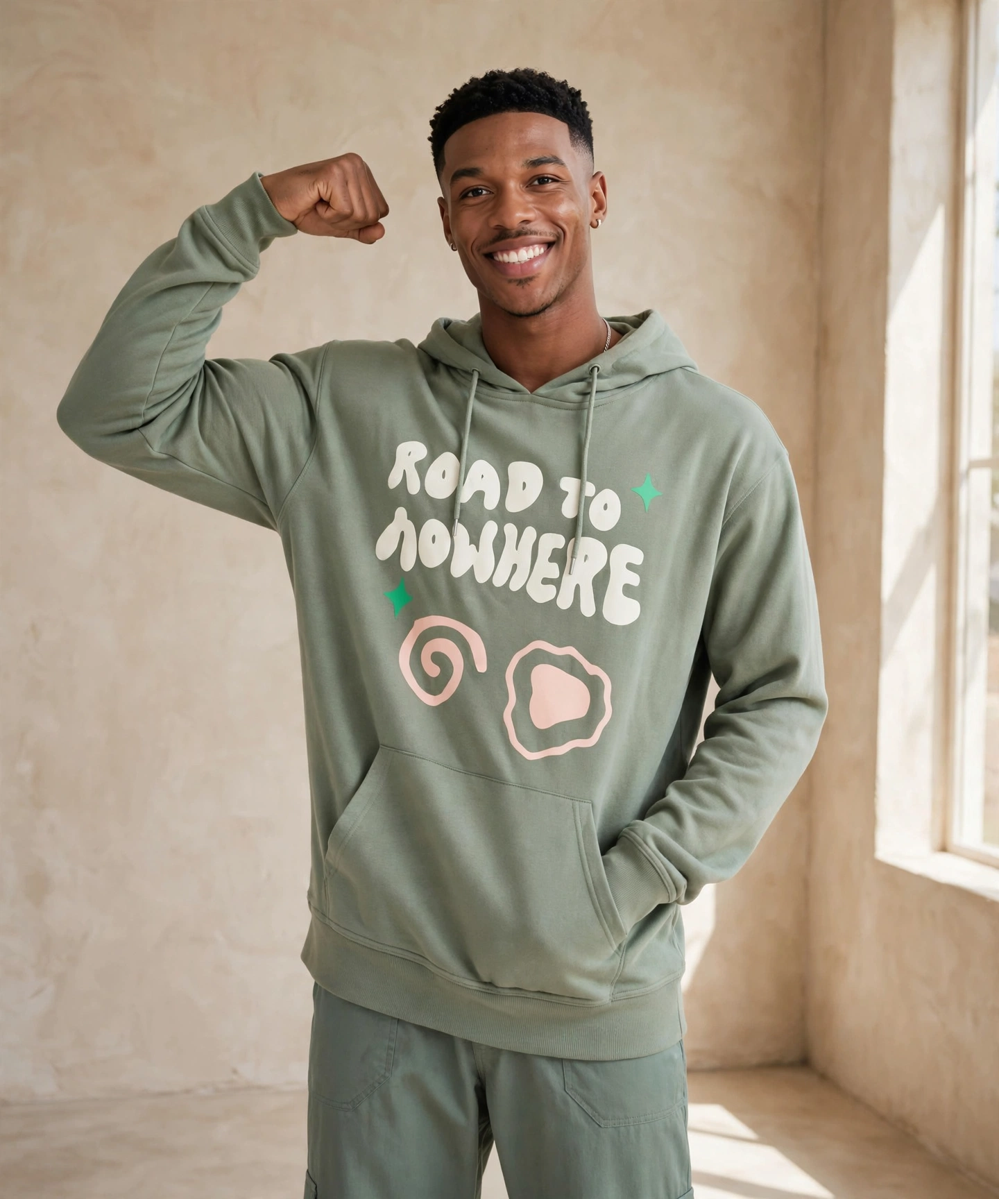 Man wearing sage green Road to Nowhere hoodie with white text and pink graphics preserved exactly, flexing right bicep and smiling broadly, left hand in pocket, warm beige plaster studio with soft natural light, 1144 by 1375 portrait frame