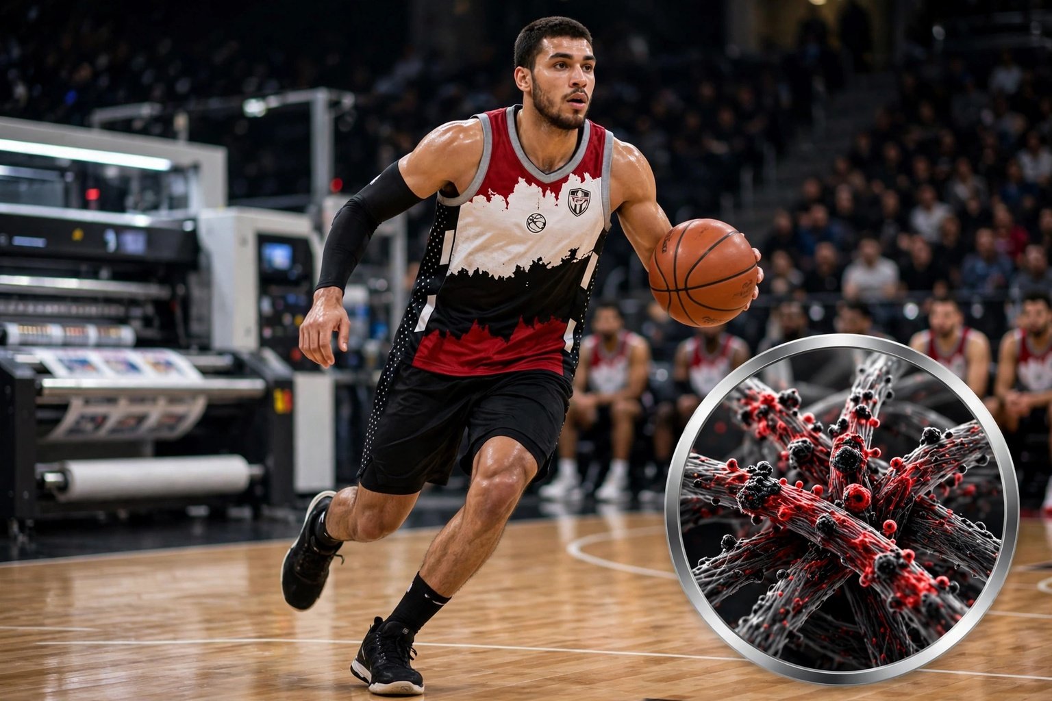 State-of-the-art full sublimation printing - vibrant UV-resistant inks fused directly into polyester fibers infinite design freedom zero cracking peeling breathable prints - Deuka red white black 00 basketball jersey