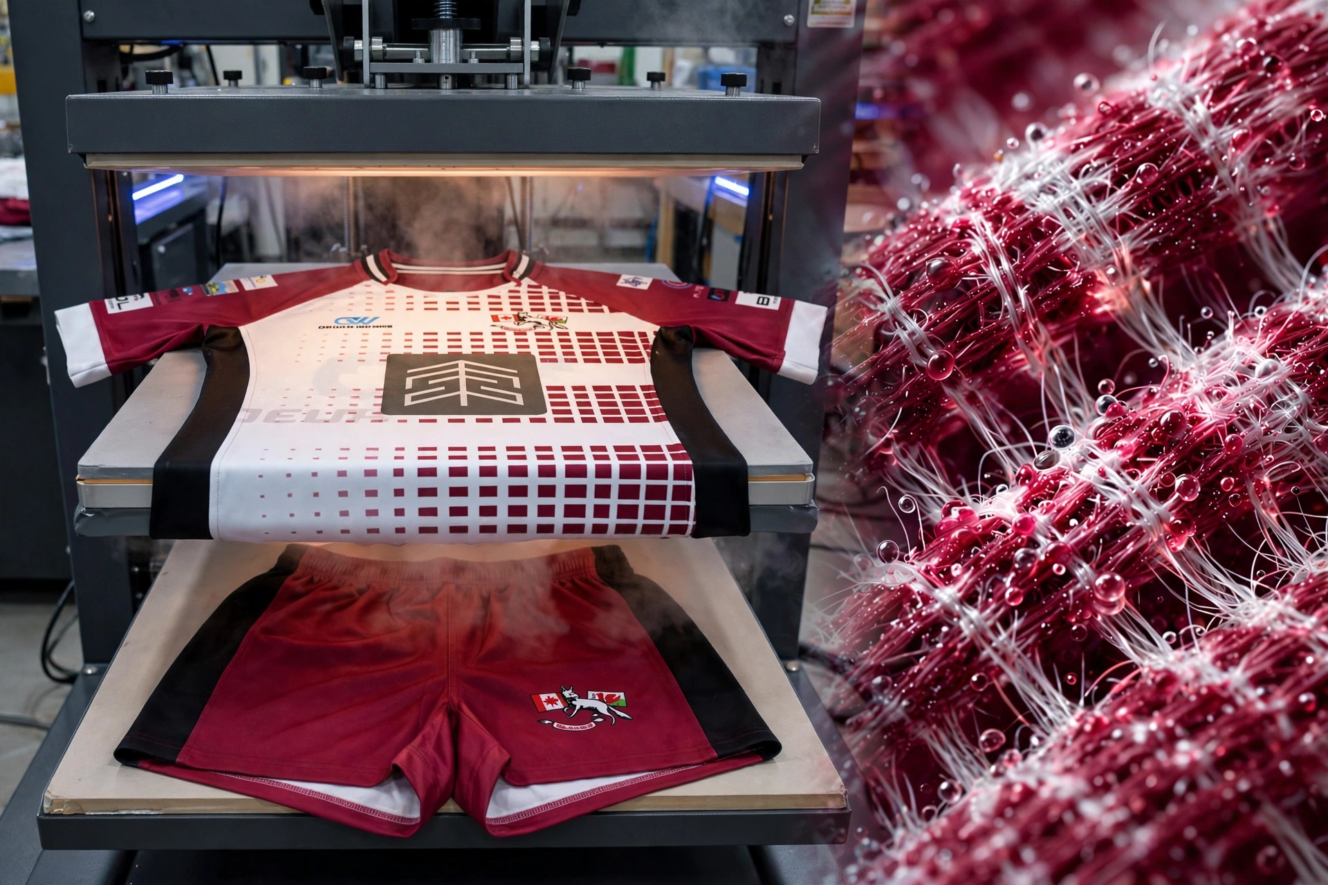 State of the art full sublimation technology fusing maroon ink into rugby jersey fibers at molecular level with breathable permanent vibrancy