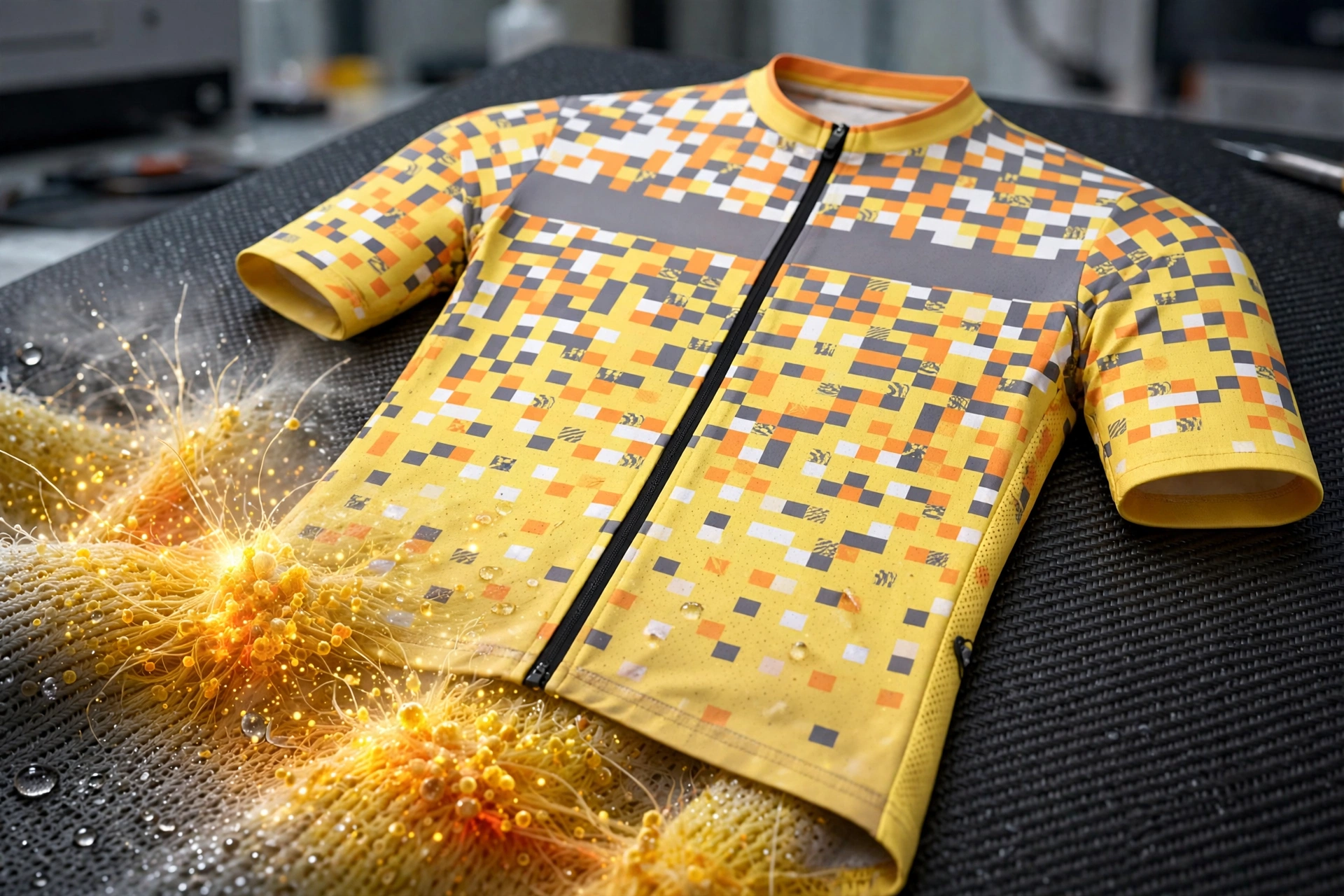 Yellow DELIKA pixelated jersey on black table with glowing molecular ink fusing into polyester fibers showing UV-resistant sublimation technology — permanent vibrancy breathable finish 1536x1024