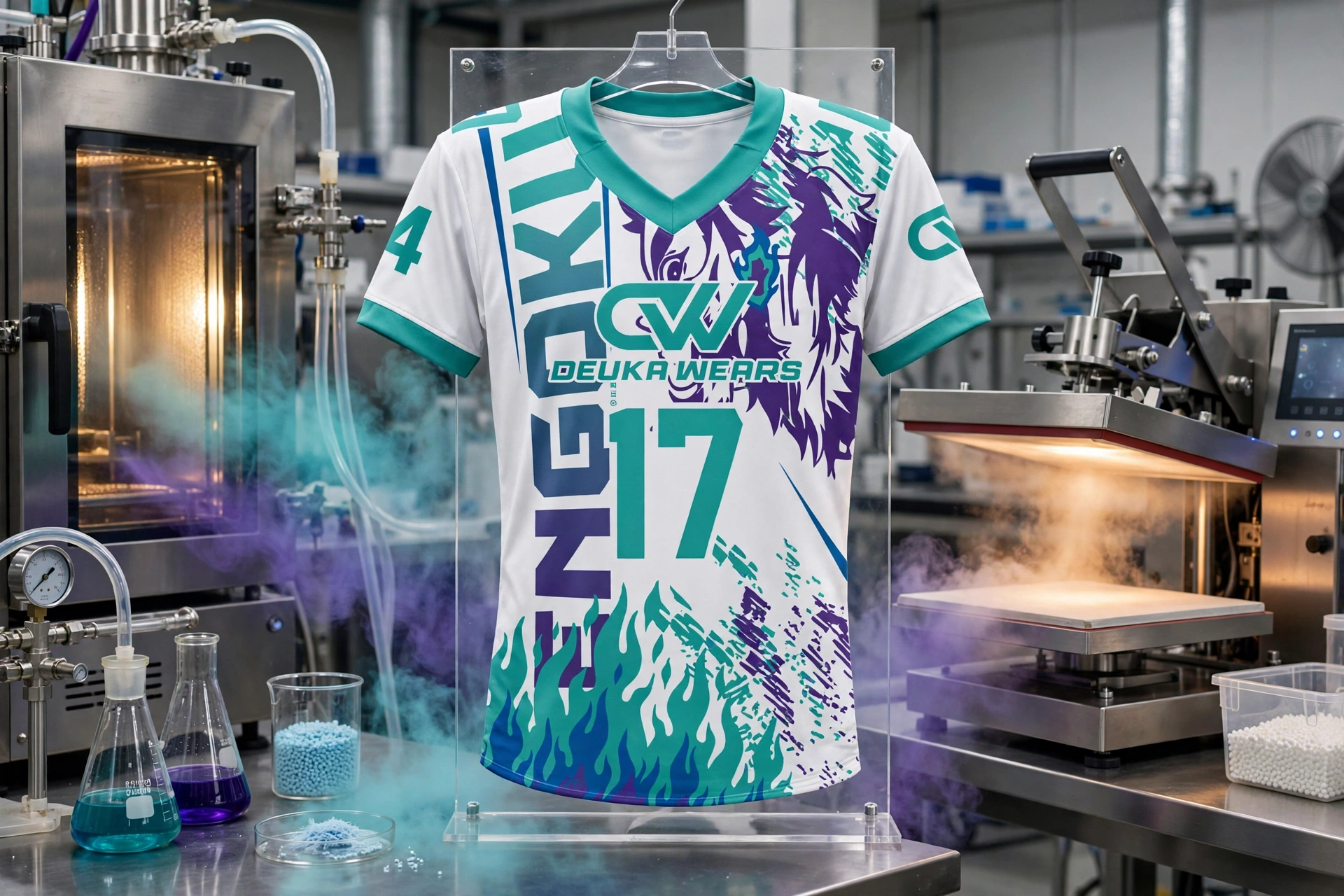 White V-neck jersey number 17 teal purple flames Deuka Wears on acrylic stand in sublimation chemistry lab with thermal dye transfer equipment showing molecular phase transition from solid to gas into polyester polymer chains - advanced production protocols 1536x1024