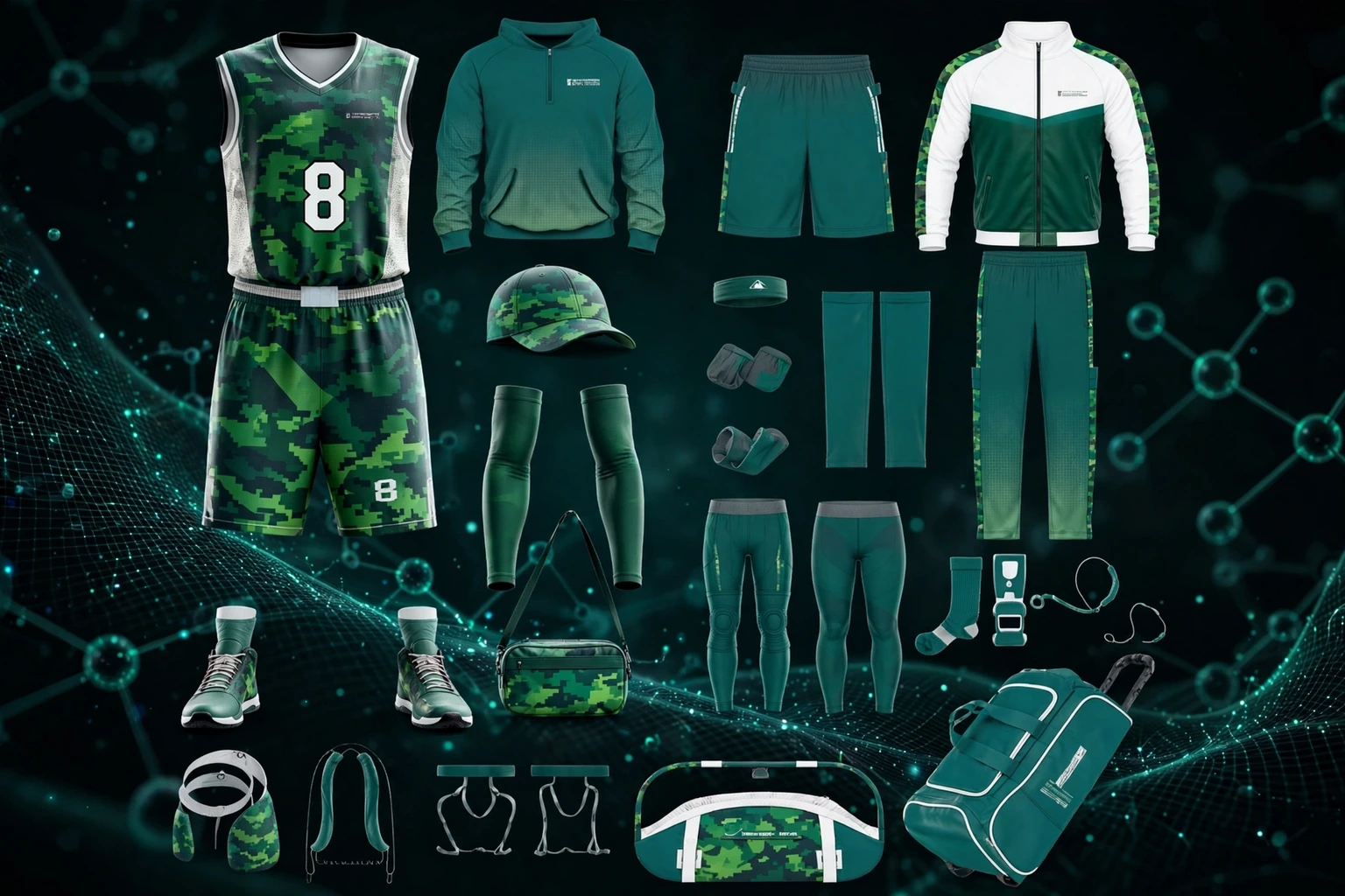 Green digital camo number 8 basketball uniform complete kit with molecular fusion background showing full sublimation technology vibrant permanent colors