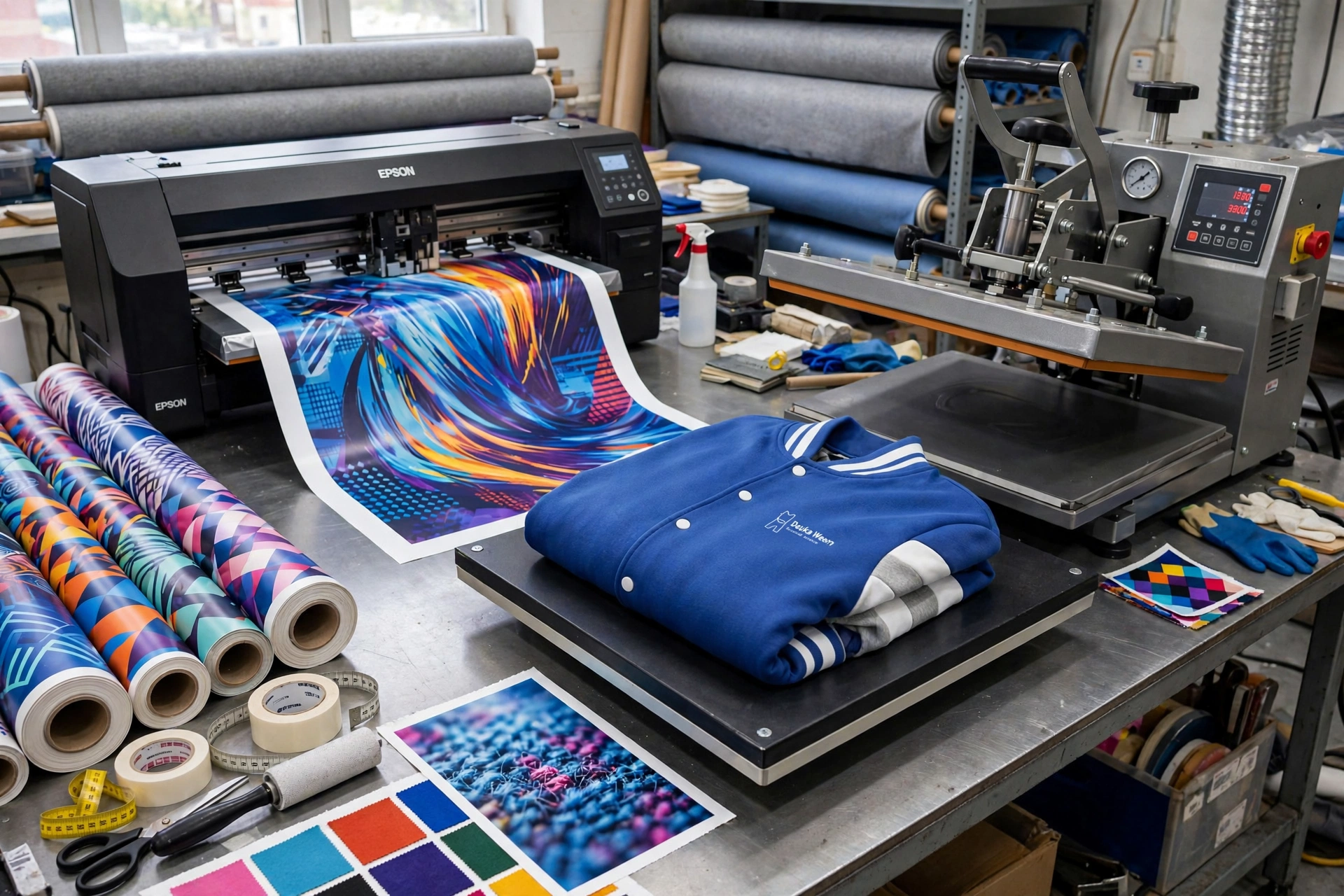 Royal blue and grey Deuka Wears varsity jacket folded on heat press machine with Epson sublimation printer printing vibrant custom abstract designs and sublimation paper rolls - advanced sublimation technology 1536x1024