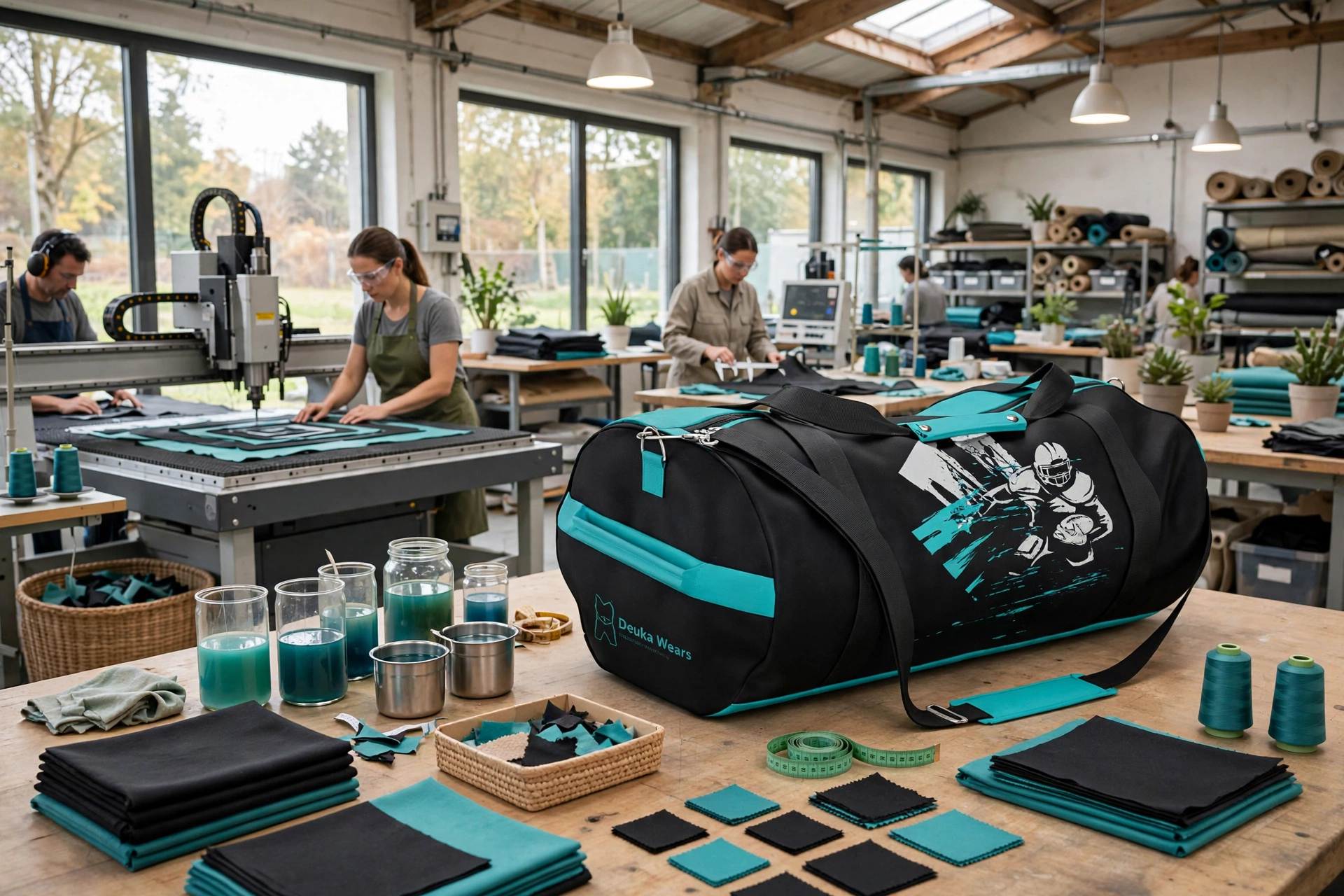 Black and teal Deuka Wears duffle bag with football player graphic on sustainable factory table with eco-friendly water-based teal dyes in beakers and CNC cutting table optimizing fabric nesting in bright ethical workspace