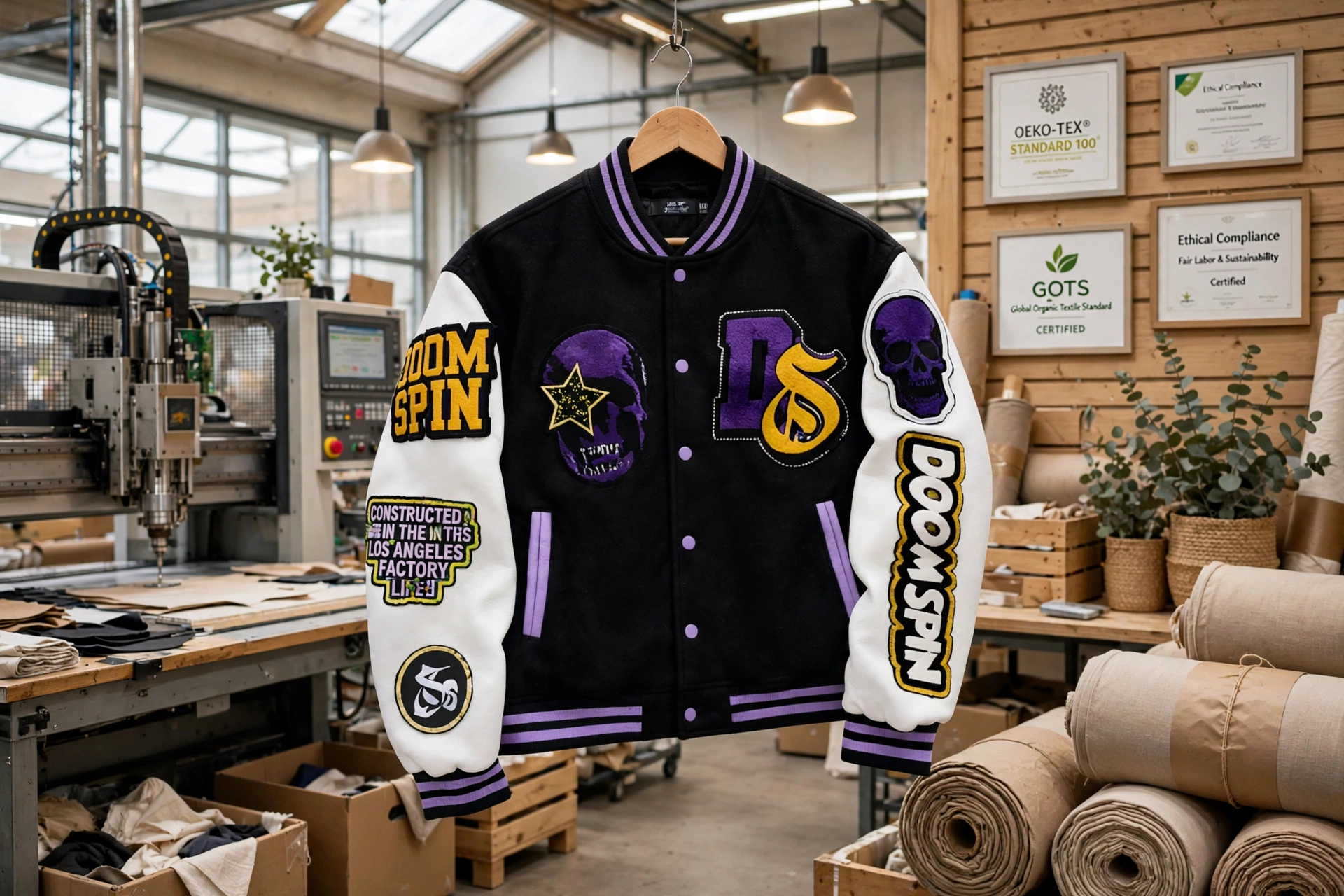 Black DOOMSPIN varsity letterman jacket 61 in eco-friendly sustainable factory with organic non-toxic dyes CNC cutting table and ethical compliance certifications - Deuka Wears sustainable manufacturing