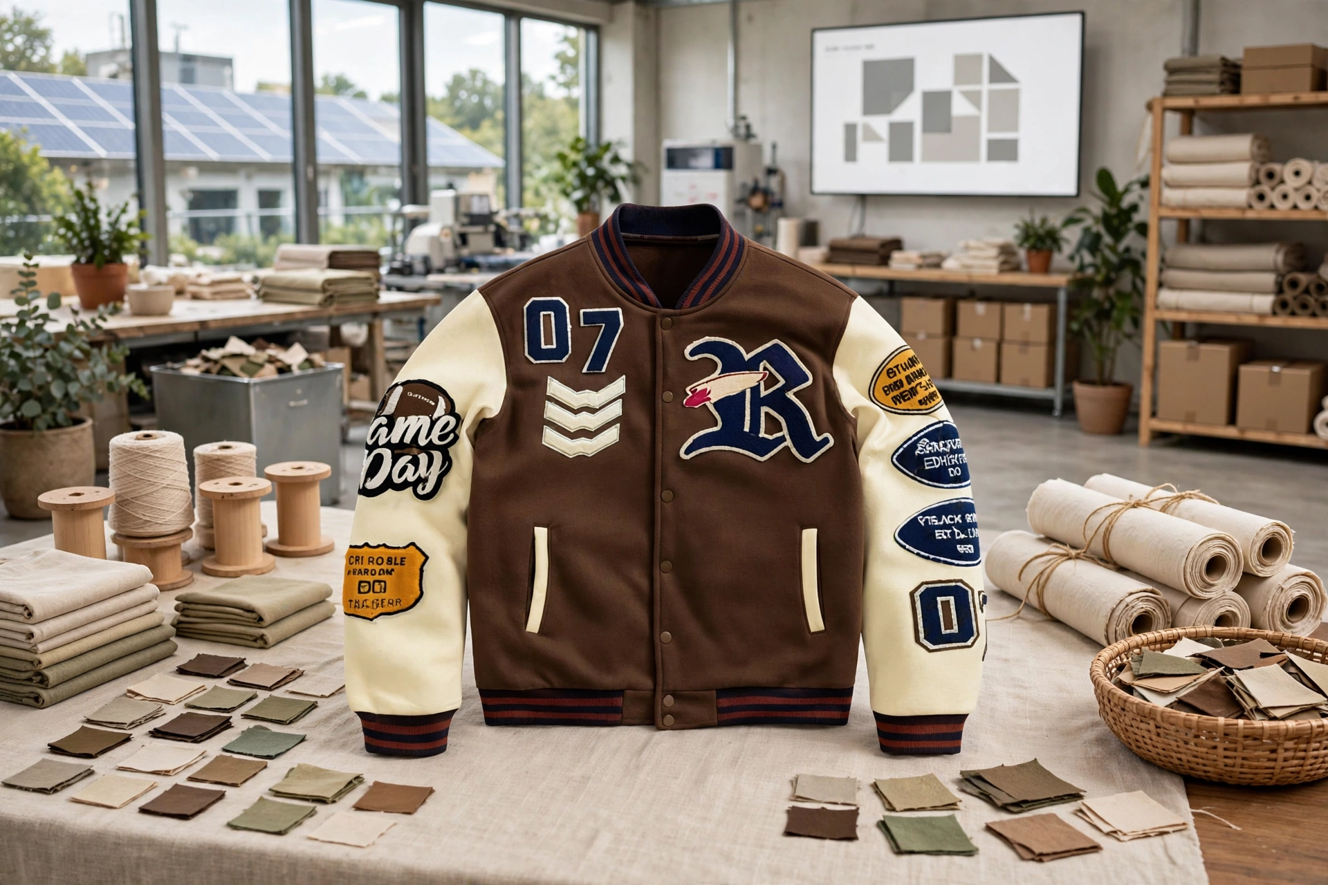 Brown cream 07 varsity jacket on sustainable factory table with eco-friendly natural cotton rolls, wooden thread spools, zero-waste fabric swatches, CNC nesting screen and solar panels - sustainable ethical manufacturing 1536x1024