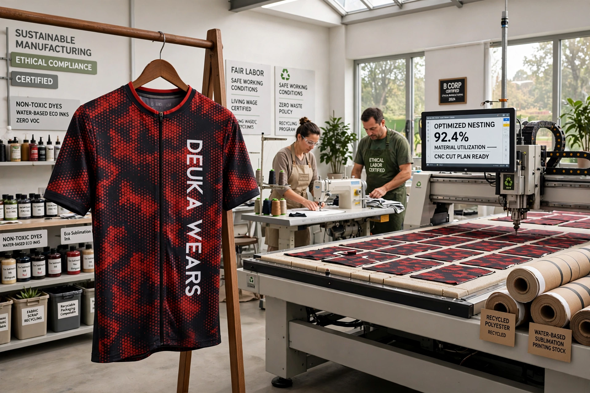 Deuka Wears sustainable manufacturing with red black eco-friendly sublimated cycling jersey non-toxic dyes CNC optimized nesting ethical labor