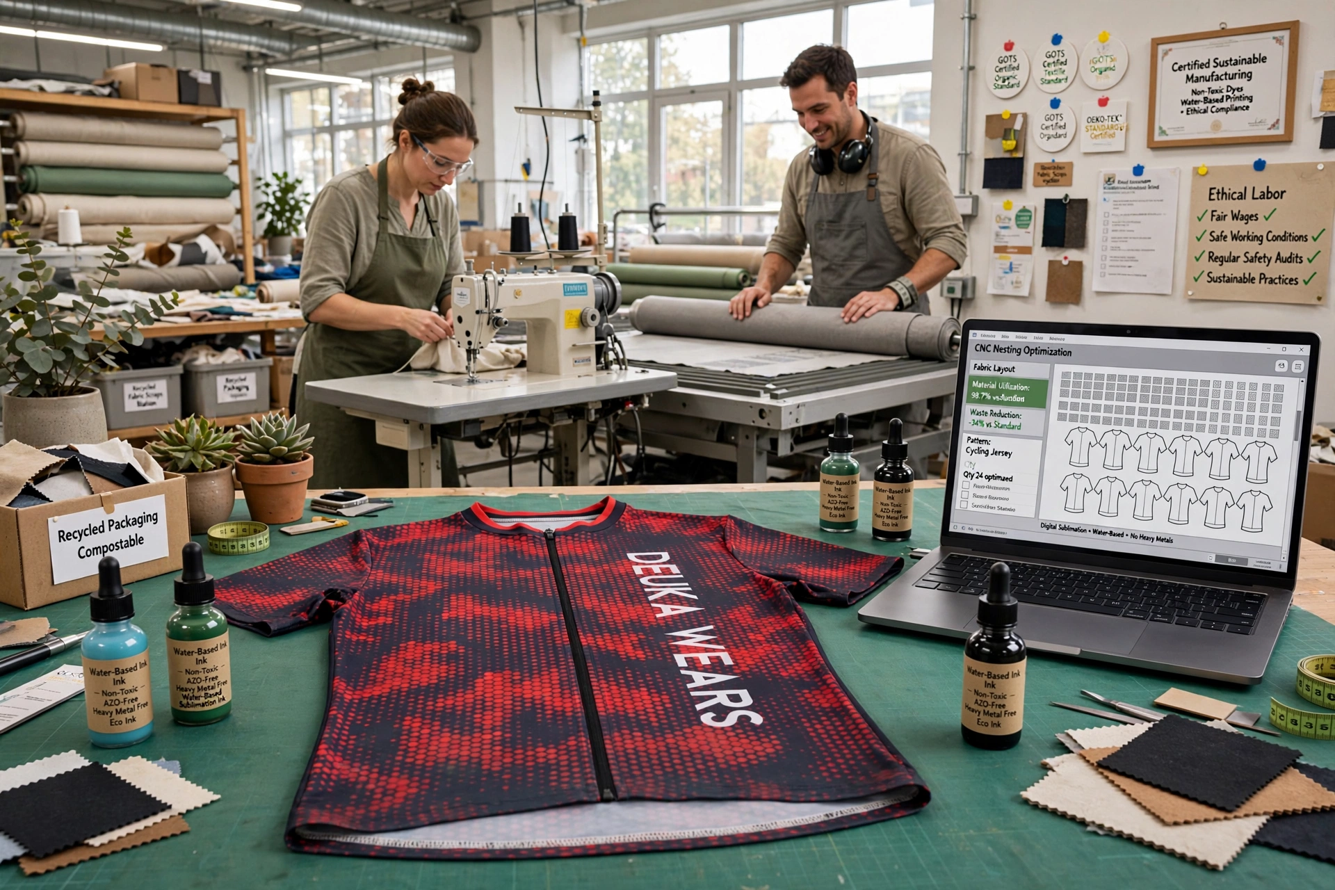 Sustainable manufacturing ethical compliance red Deuka Wears cycling jersey non-toxic water-based inks CNC nesting optimization ethical labor fair wages