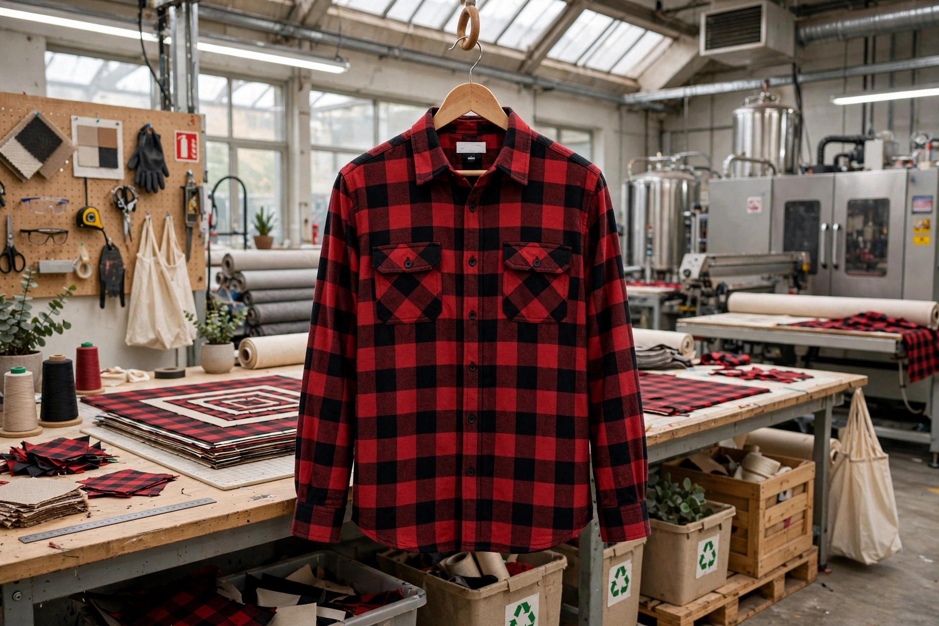 Red and black buffalo plaid flannel shirt hanging on hanger in sustainable eco-friendly factory with CNC cutting tables, optimized nesting layout, non-toxic dye tanks and recycling bins - ethical manufacturing compliance