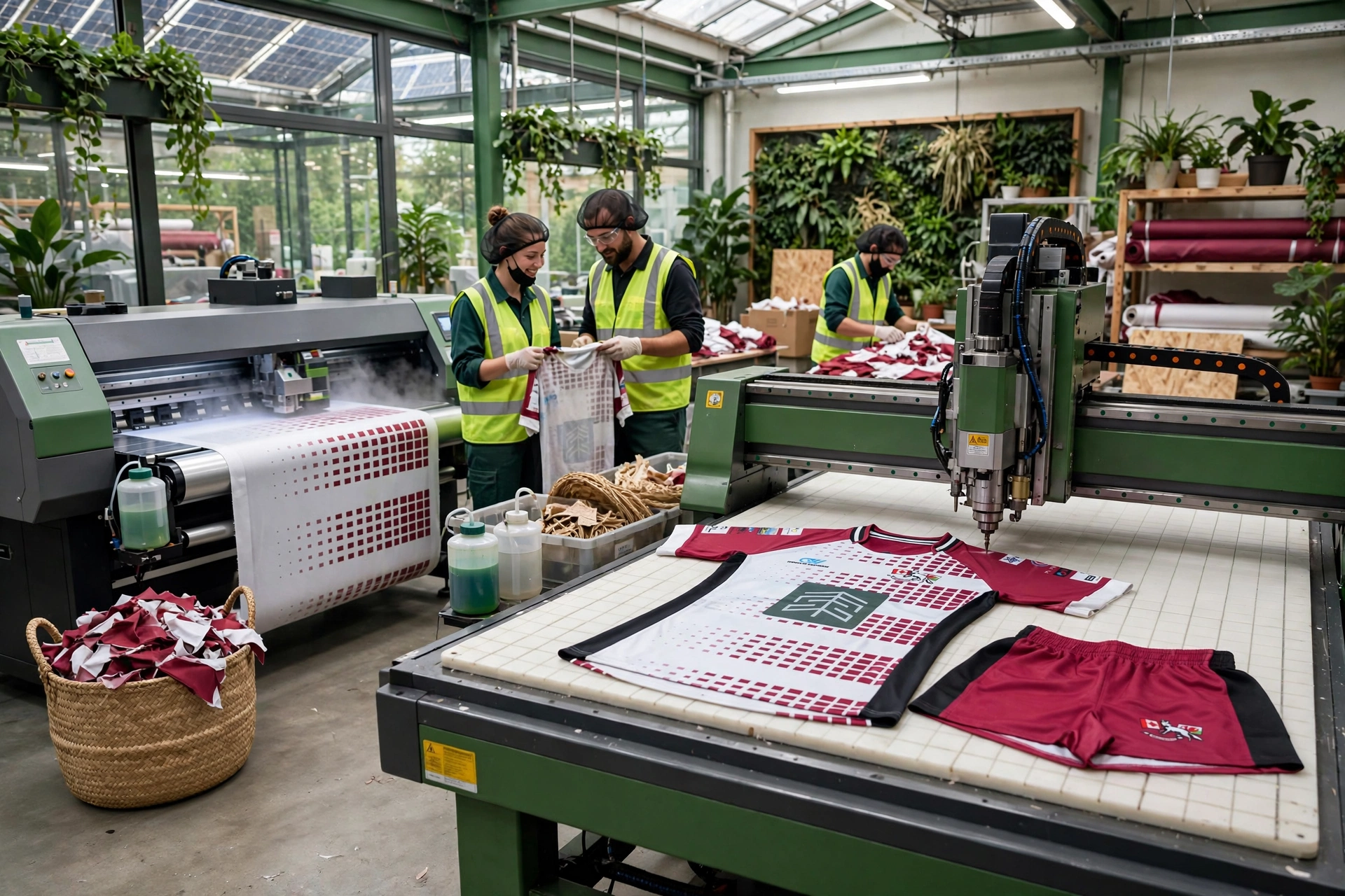 Sustainable manufacturing of maroon white rugby kit with non-toxic water-based sublimation inks CNC cutting table and ethical labor standards