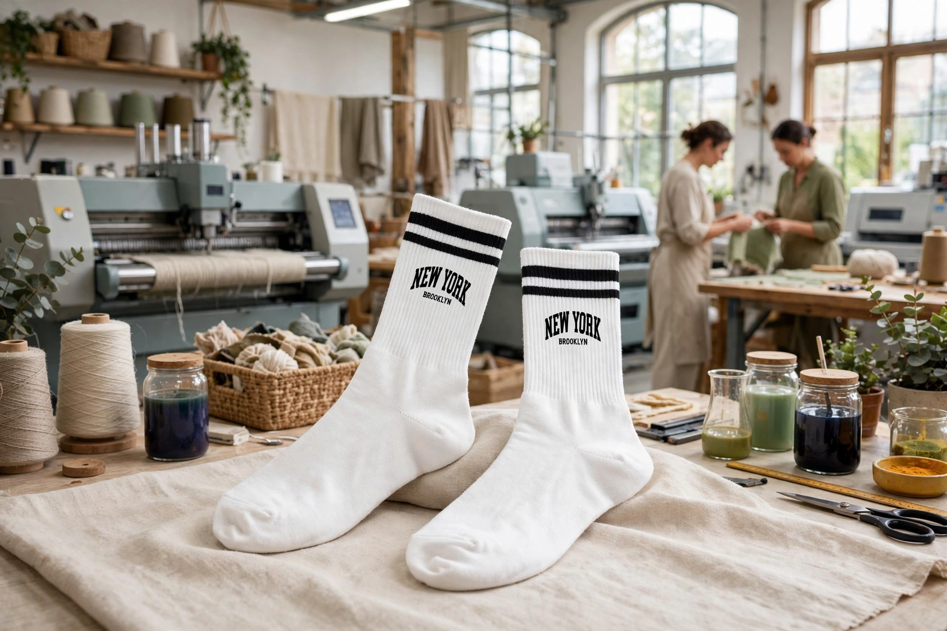 White NEW YORK BROOKLYN crew socks with black stripes on eco-friendly workspace table with non-toxic dyes organic yarns CNC knitting machines - sustainable manufacturing and ethical workspaces 1536x1024