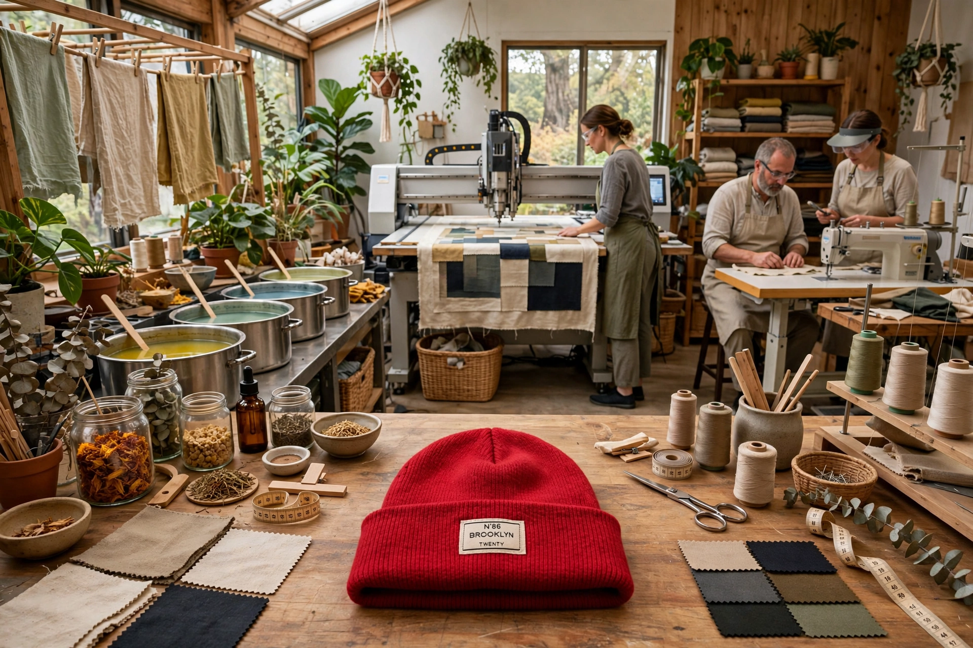 Red N86 Brooklyn Twenty ribbed beanie on sustainable factory worktable with eco-friendly natural dyes, CNC cutting machine, and artisans in fair safe ethical workspace