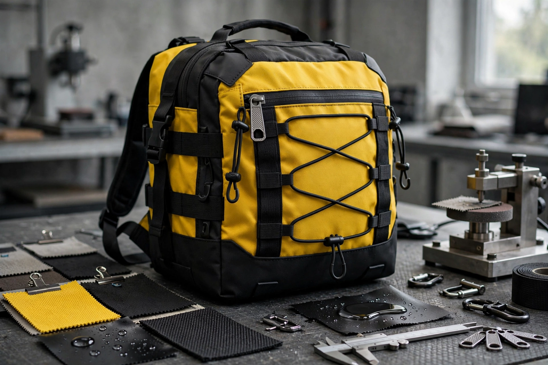 Yellow and black tactical duffel backpack on materials testing table with ballistic nylon swatches water droplets YKK zipper hardware - premium materials engineering toughness