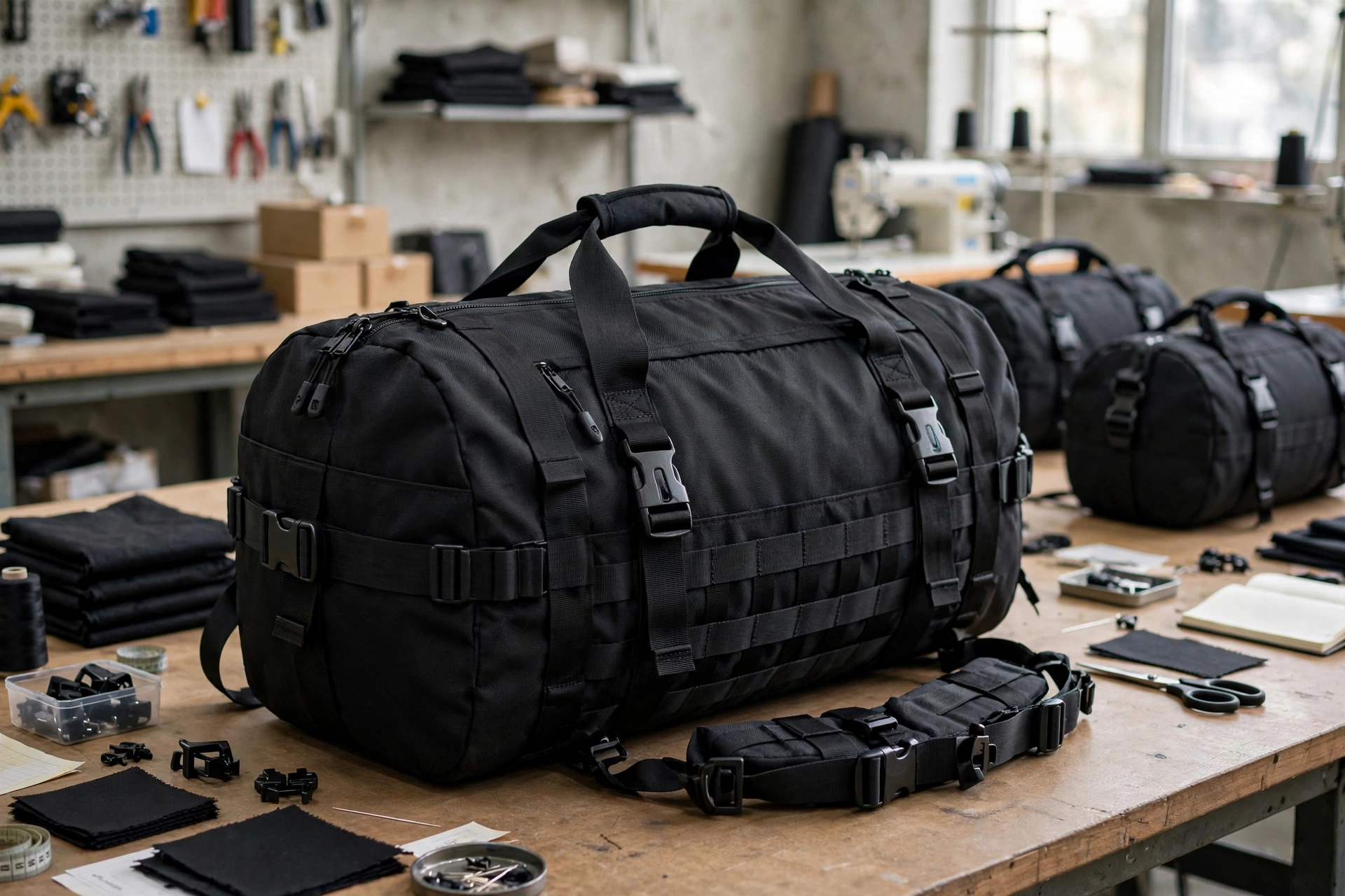 Black tactical duffel backpack on workshop table with two more duffels in background sewing machine and fabric - low barrier to entry 20 pieces MOQ small batch production