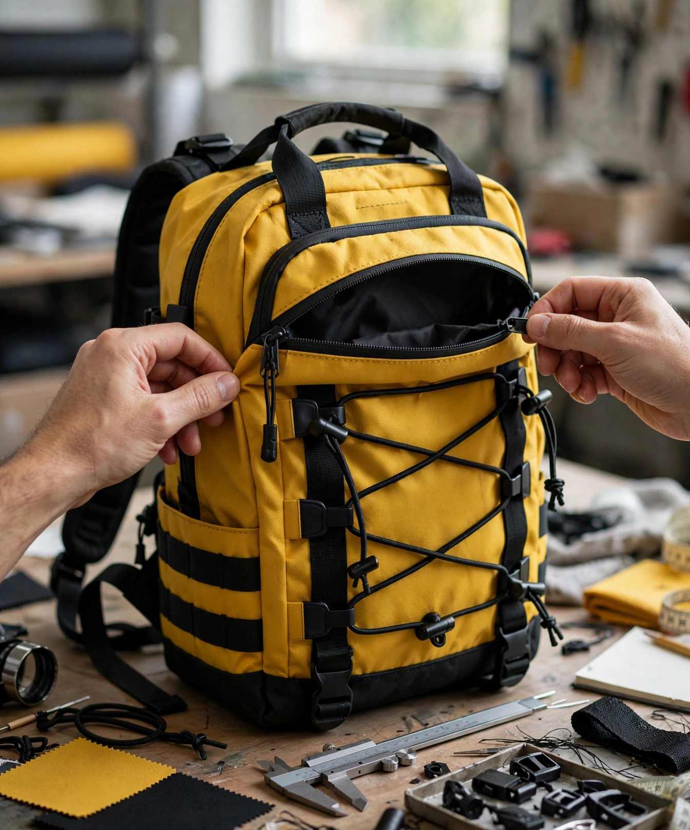 Yellow and black tactical backpack with hands testing front zipper on quality check table with caliper fabric swatches and hardware - review your prototypes pre-production sample