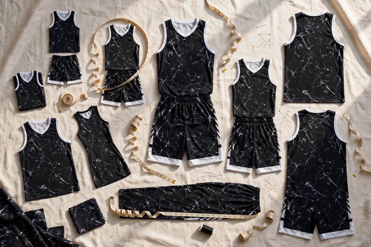 Black marble basketball uniforms sizing matrix youth to 6XL flatlay with measuring tapes
