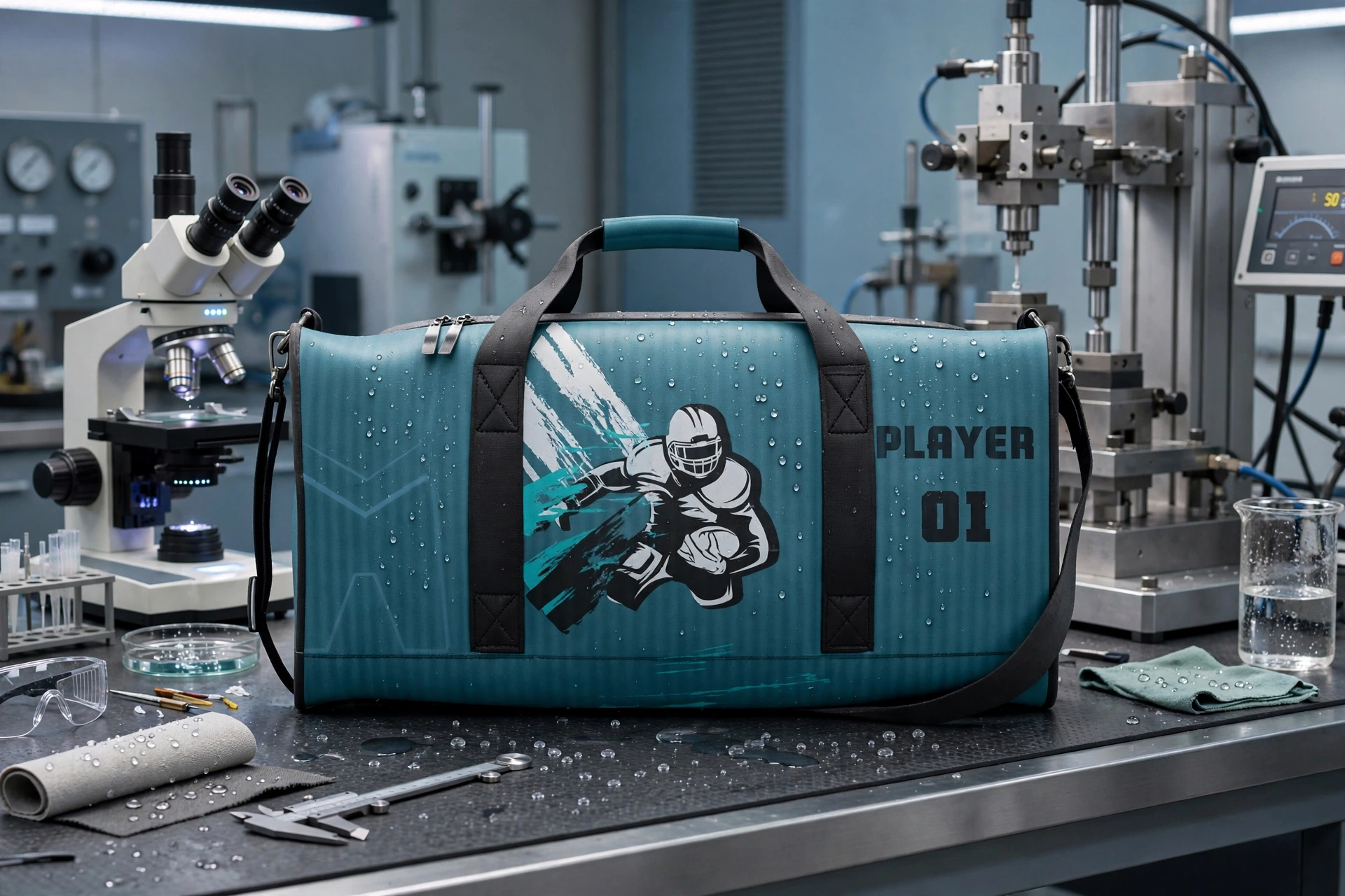 Teal football duffle bag PLAYER 01 with football player graphic on lab table with water droplets for ballistic nylon test showing reinforced Box-X stitching on straps