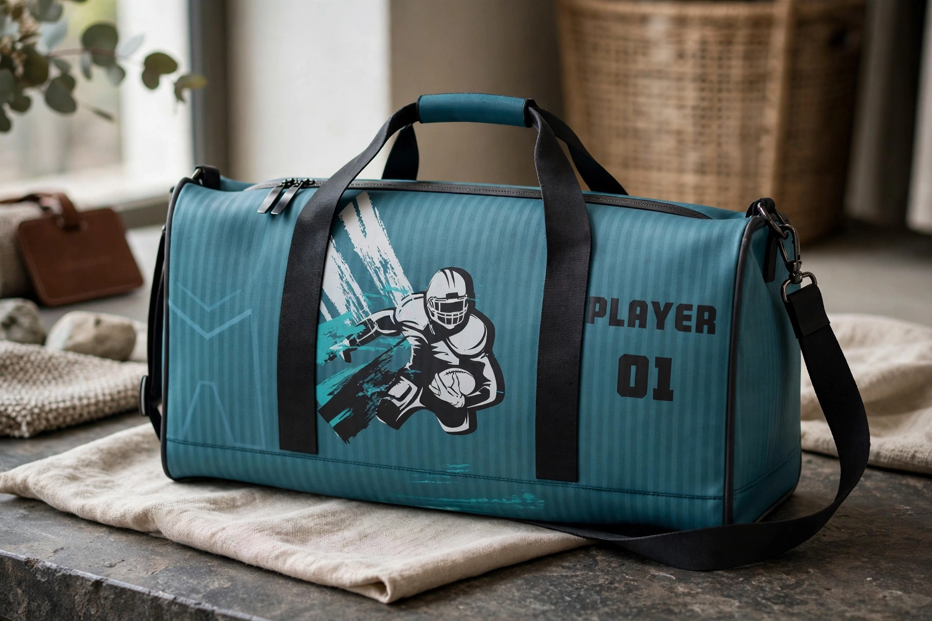 Teal Player 01 football duffle bag with American football player graphic on linen display - high perceived retail value multi-pocket premium bag boosting profit margins