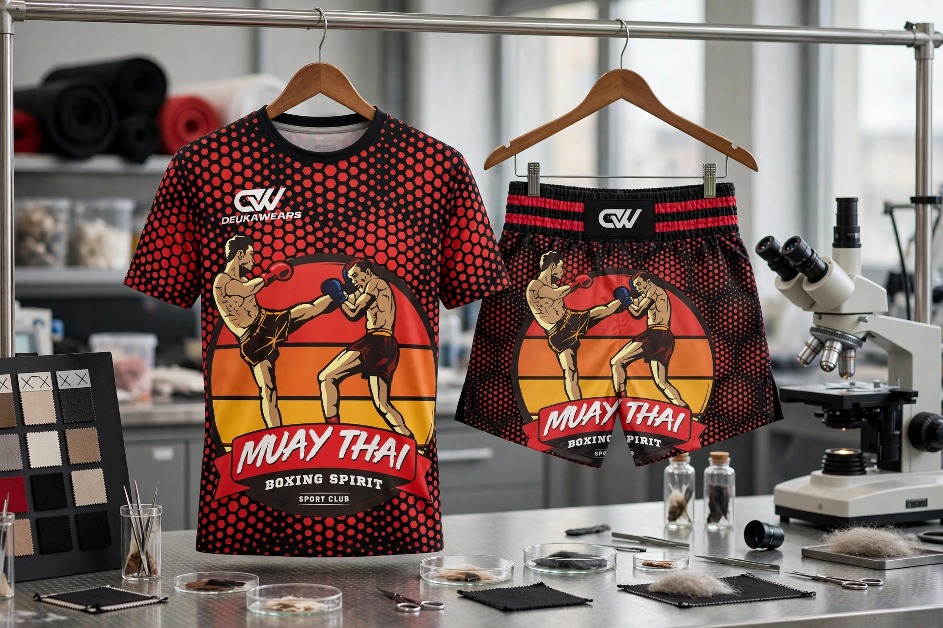 Black red dotted Muay Thai Boxing Spirit t-shirt and shorts set hanging in advanced technical fabrics lab with microscope and fiber swatches - advanced technical fabrics built for combat sports