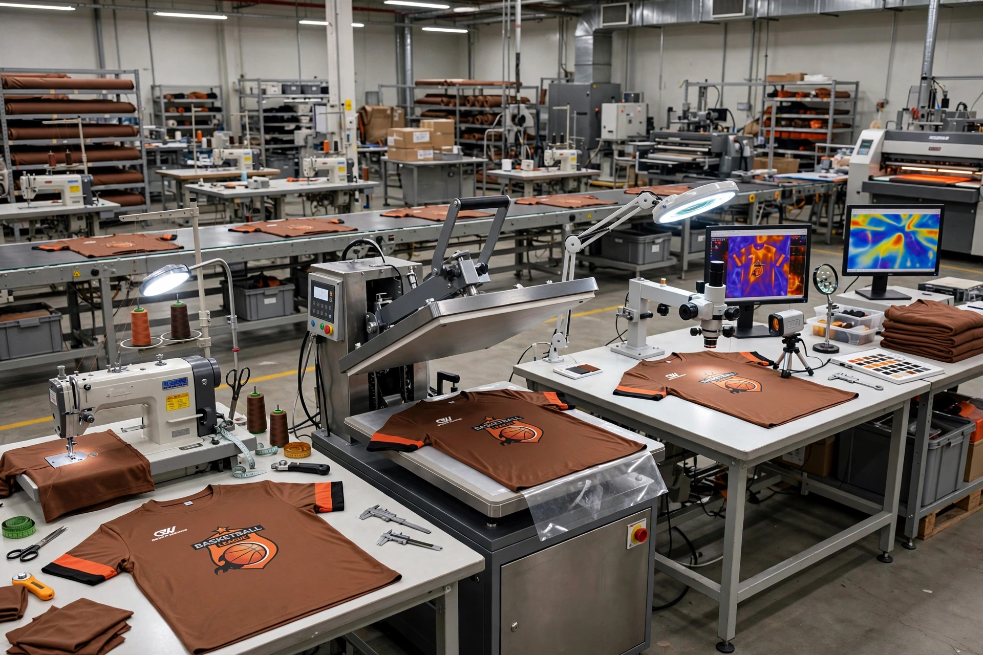 Brown basketball league t-shirts on sewing, heat-press and QC inspection tables with thermal imaging monitors and stitch density tools - in-line thermal and stitching supervision 1536x1024