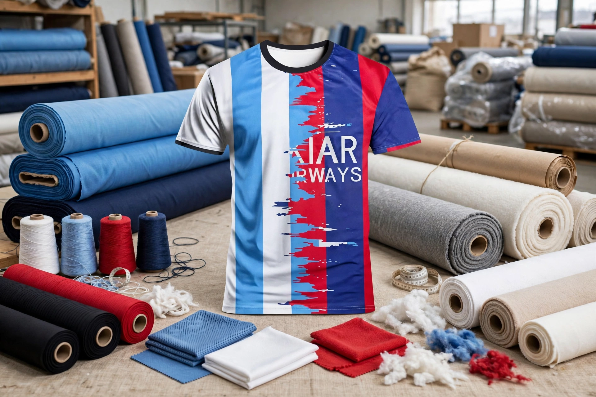 Qatar Airways striped sublimation jersey with premium technical fabric rolls, yarn cones, cotton-fleece and elastane spandex - advanced technical fabric procurement 1536x1024