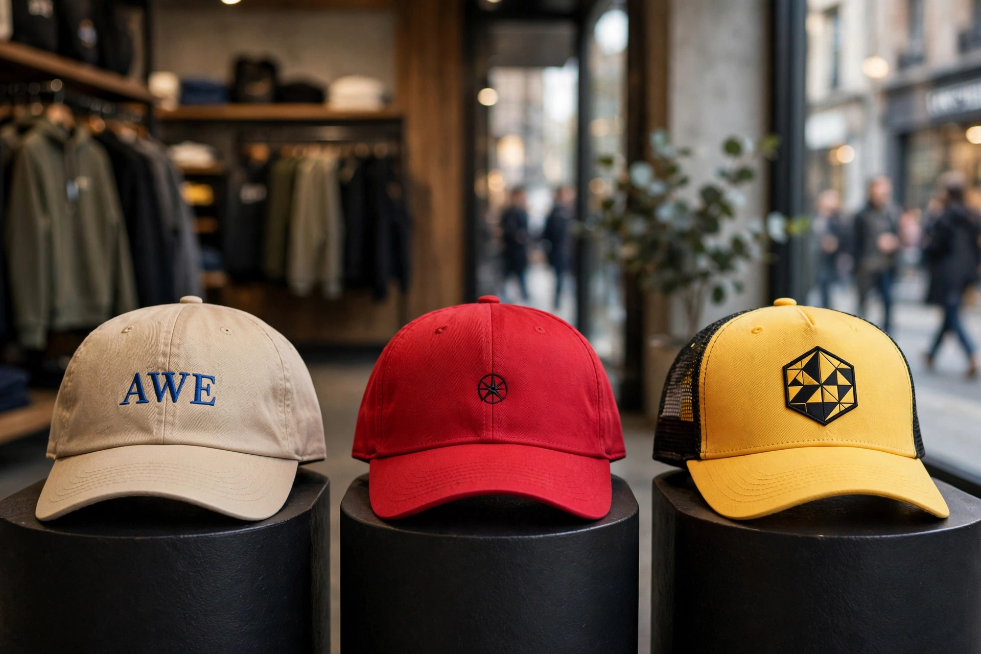 Three caps at eye level on black pedestals in streetwear store - beige dad cap with blue embroidery, red cap with minimal emblem, yellow trucker cap with geometric patch - showcasing massive brand visibility as outfit centerpiece