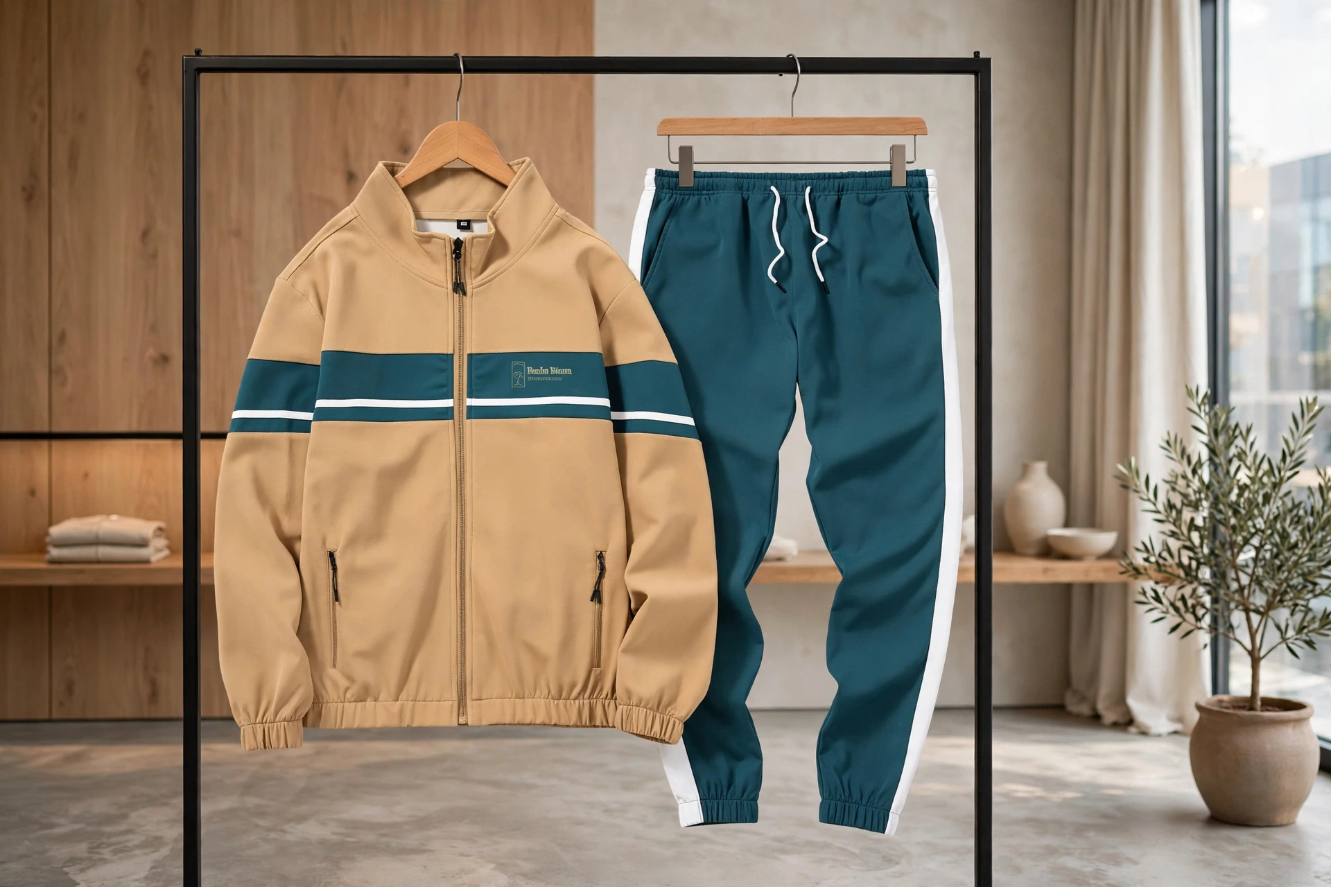 Beige zip-up track jacket with teal and white stripe and matching teal jogger pants with white side stripe hanging on clothing rack in premium apparel showroom - elevate your brand with Deuka Wears custom tracksuit and streetwear manufacturing