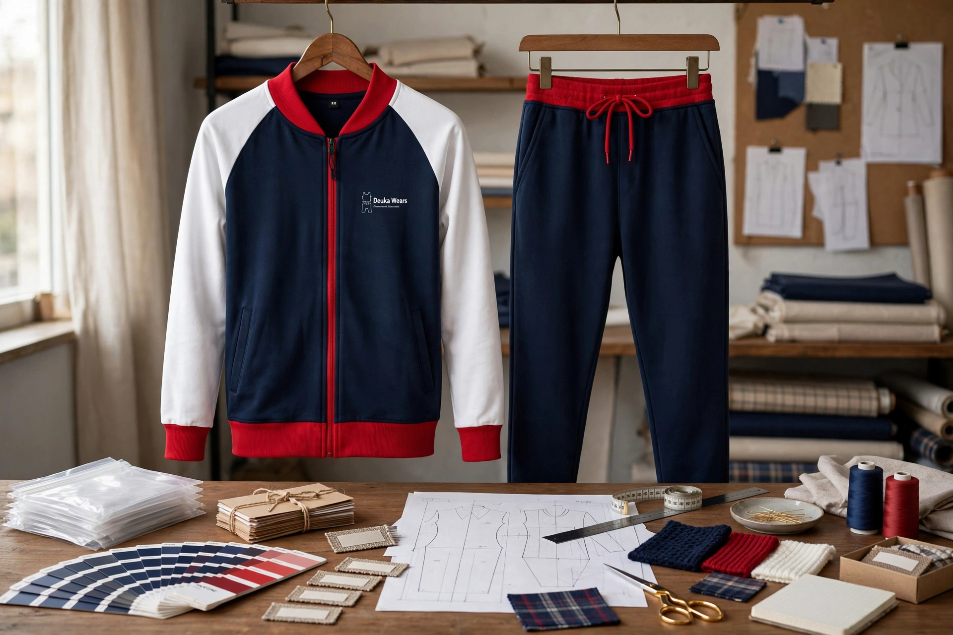 Navy blue red and white raglan bomber tracksuit jacket and jogger pants hanging on hangers in custom apparel design studio with Pantone swatches, tech pack pattern sketches, woven labels, hangtags, polybags and ribbing swatches - custom silhouette pattern development and packaging labelling