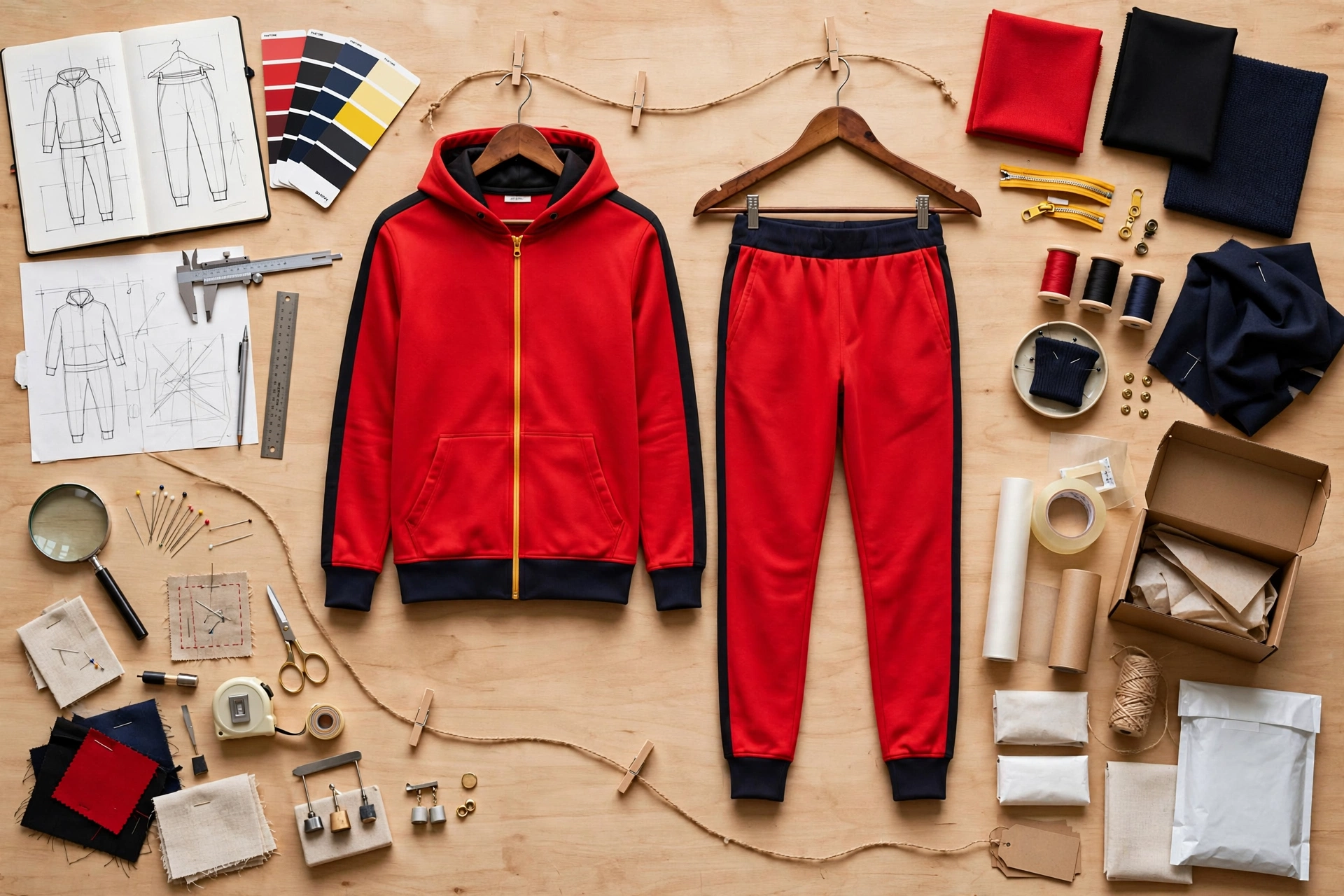 Bright red tracksuit with black side stripes and yellow zipper hanging on hangers on workflow table with tech packs, Pantone colors, sample fabric swatches, quality control tools and retail packaging - step by step custom ordering process