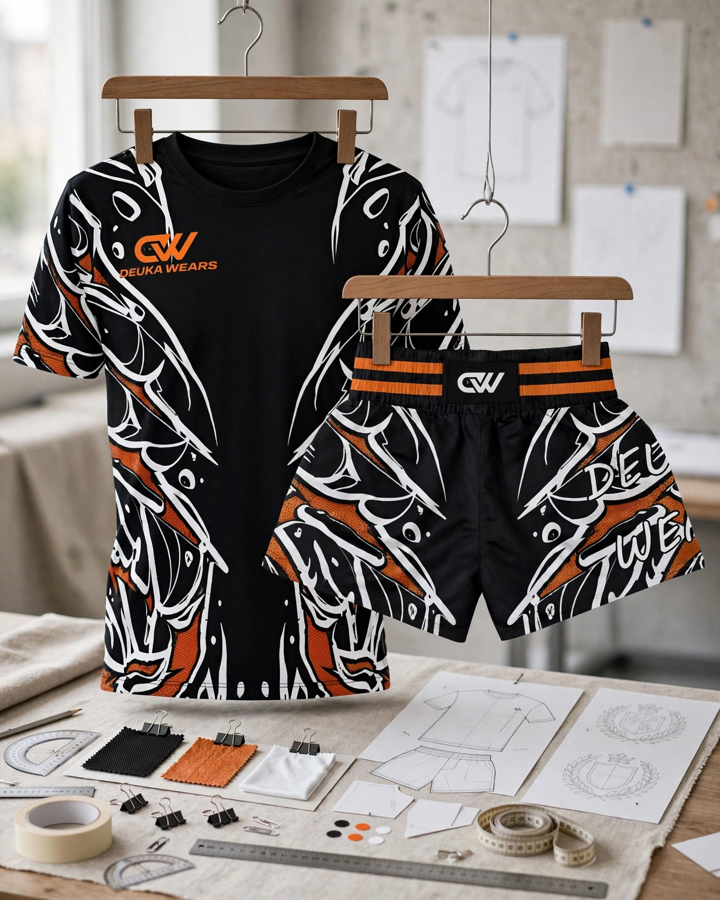 Black white orange tribal short-sleeve t-shirt and fight shorts set hanging on wooden hangers in tech pack design studio with vector artwork and size charts - tech pack design submission