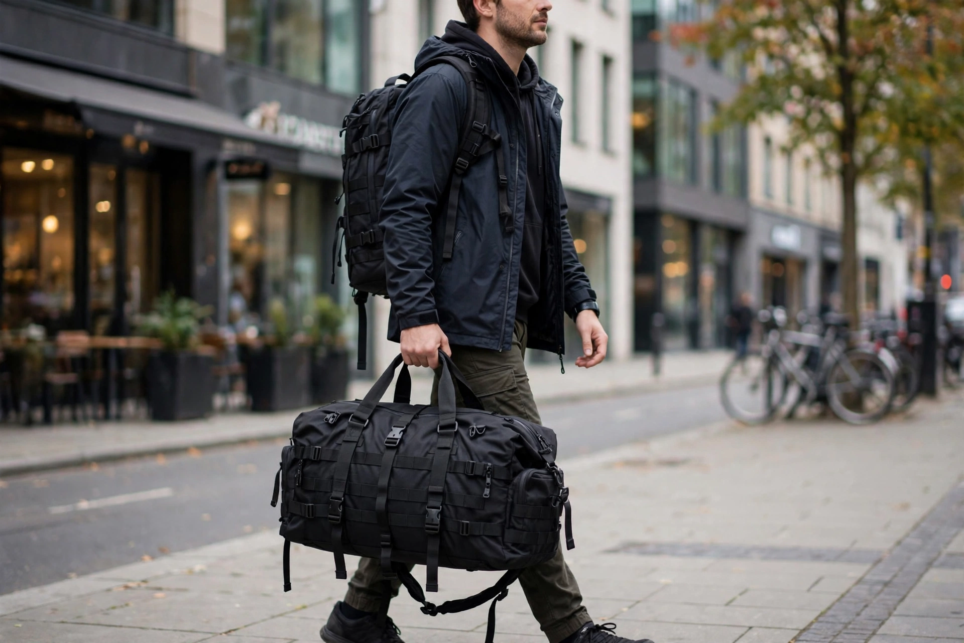 Man commuting on city street demonstrating ergonomic versatility of black tactical duffle - carrying one duffle by wrap-around hand straps and wearing another identical bag as backpack with padded adjustable shoulder straps