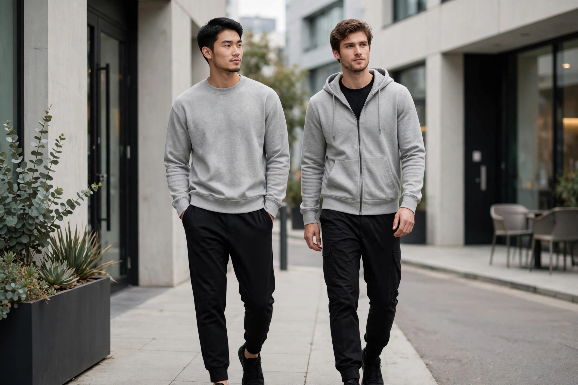 Clean modern silhouette heather gray crewneck and zip-up hoodie - sharp urban aesthetic streetwear balancing comfort and minimal style