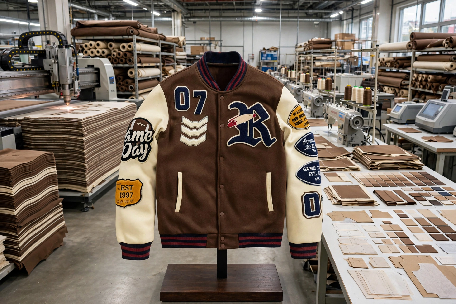 Brown cream varsity jacket 07 on stand in bulk manufacturing facility with high-speed automated laser cutting arrays, multi-needle stitching machines, sizing gradients and spectrophotometer color consistency - core technical pillars 1536x1024