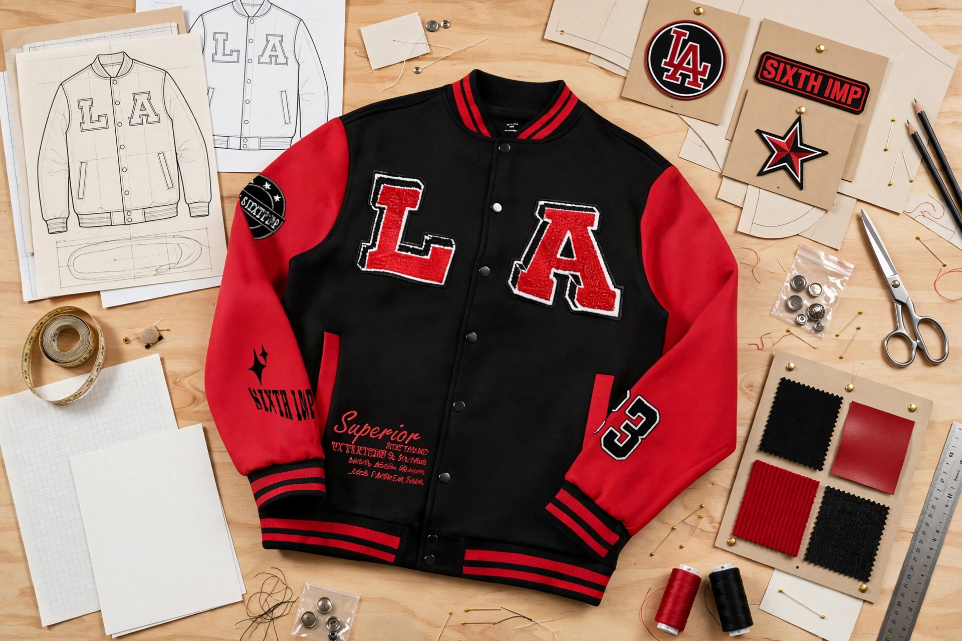 Black and red LA varsity jacket tech pack submission - red wool sleeves black wool body Superior Sixth Imp embroidery with vector artwork patch mockups size charts and fabric swatches
