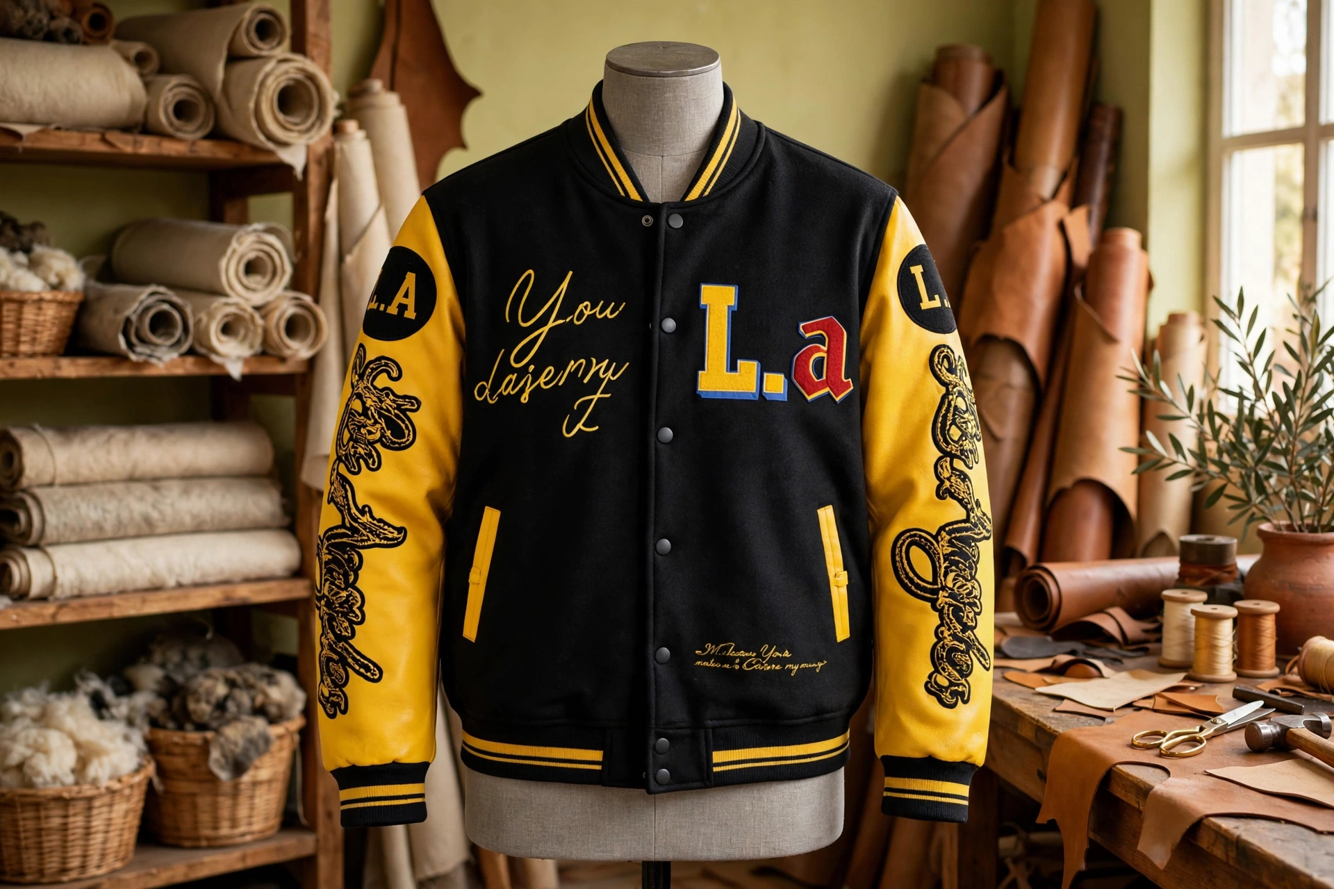Black and yellow custom LA varsity jacket with You are my script embroidery dragon sleeves and L.a chenille letters on mannequin in heritage outerwear manufacturing workshop - Deuka Wears heritage craftsmanship
