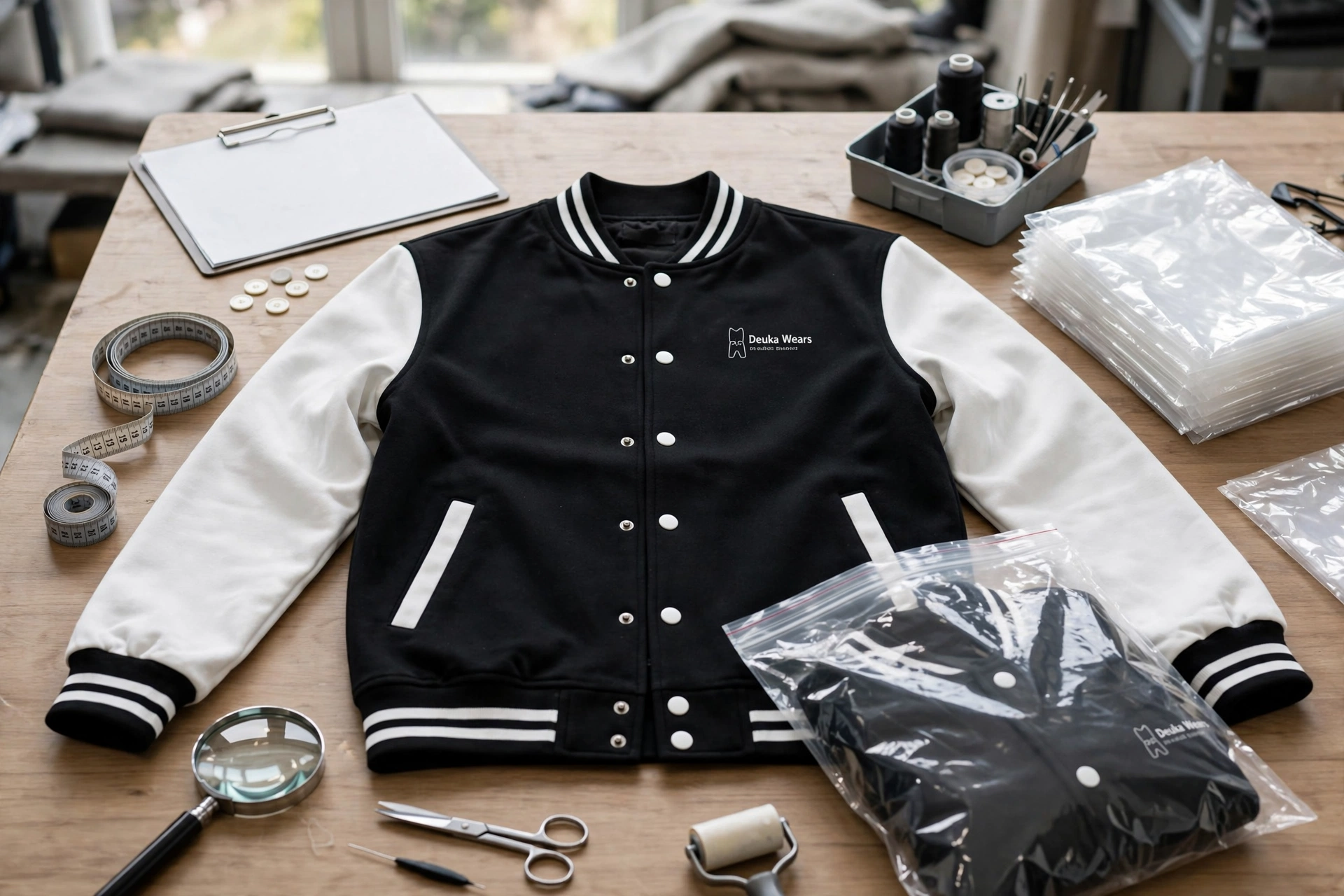 Black and white Deuka Wears varsity jacket flat on wooden audit table with magnifying glass scissors lint roller measuring tape and retail polybags - final pre-shipment audit AQL standards 1536x1024