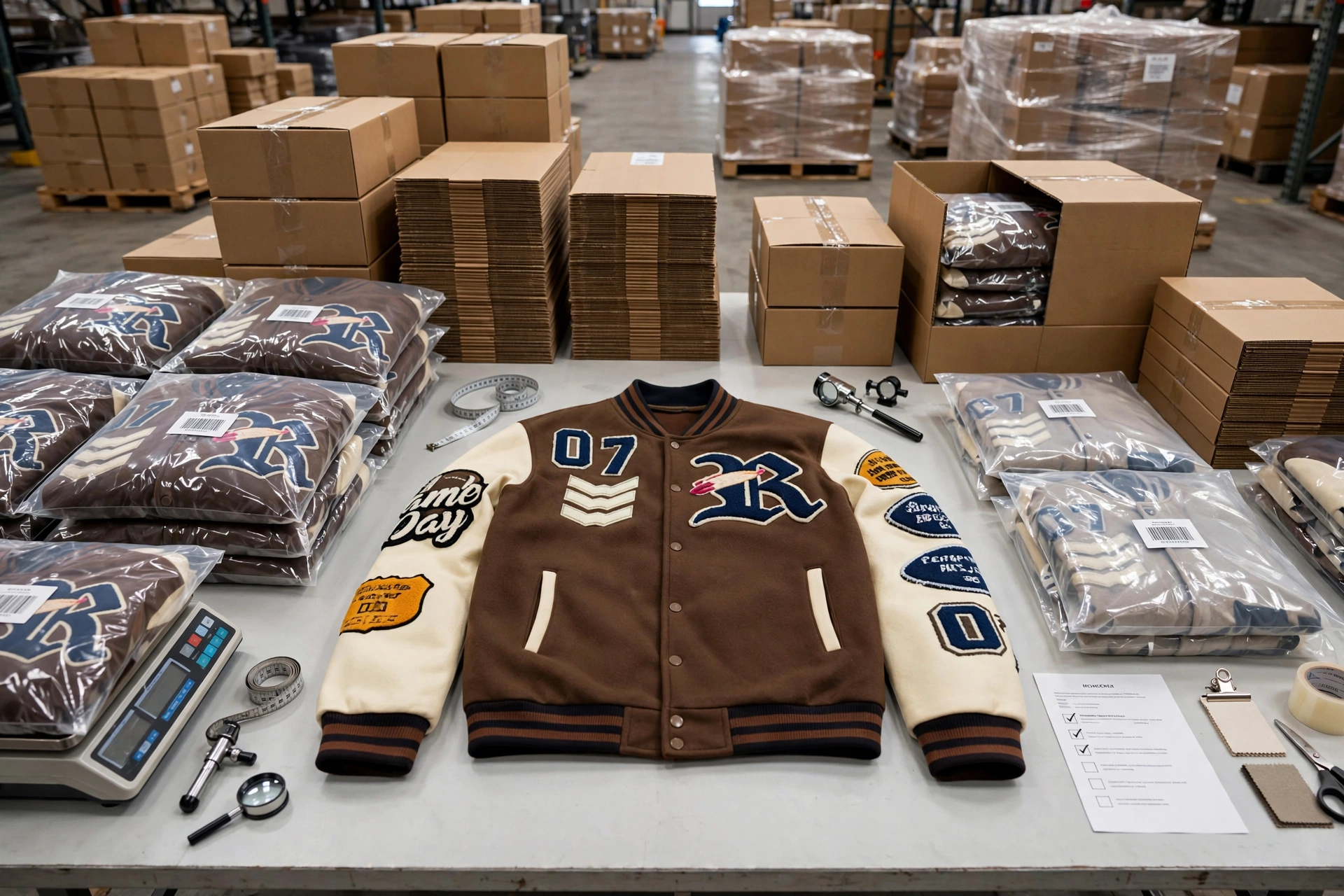 Brown cream 07 varsity jacket on AQL audit table surrounded by barcoded polybagged jackets, master cartons stacked, pallet wrap, scales, measuring tape, checklist - AQL final pre-shipment audit 1536x1024
