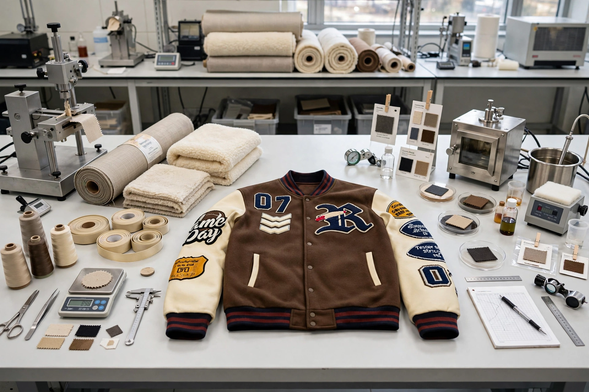Brown cream 07 varsity jacket on lab table with technical fabric rolls, fleece stacks, elastic webbing rolls, thread cones, GSM scale, tensile tester, colorfastness beakers, shrinkage oven - raw material inspection 1536x1024
