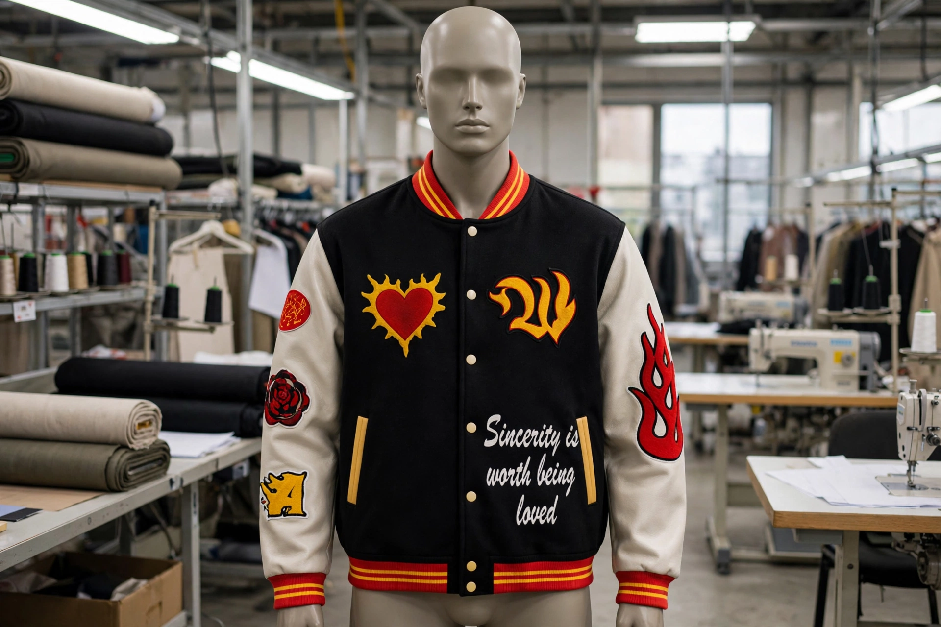 Black and cream custom varsity jacket with red heart flame patch Sincerity is worth being loved embroidery rose and flame patches on mannequin in apparel manufacturing factory - Deuka Wears heritage outerwear