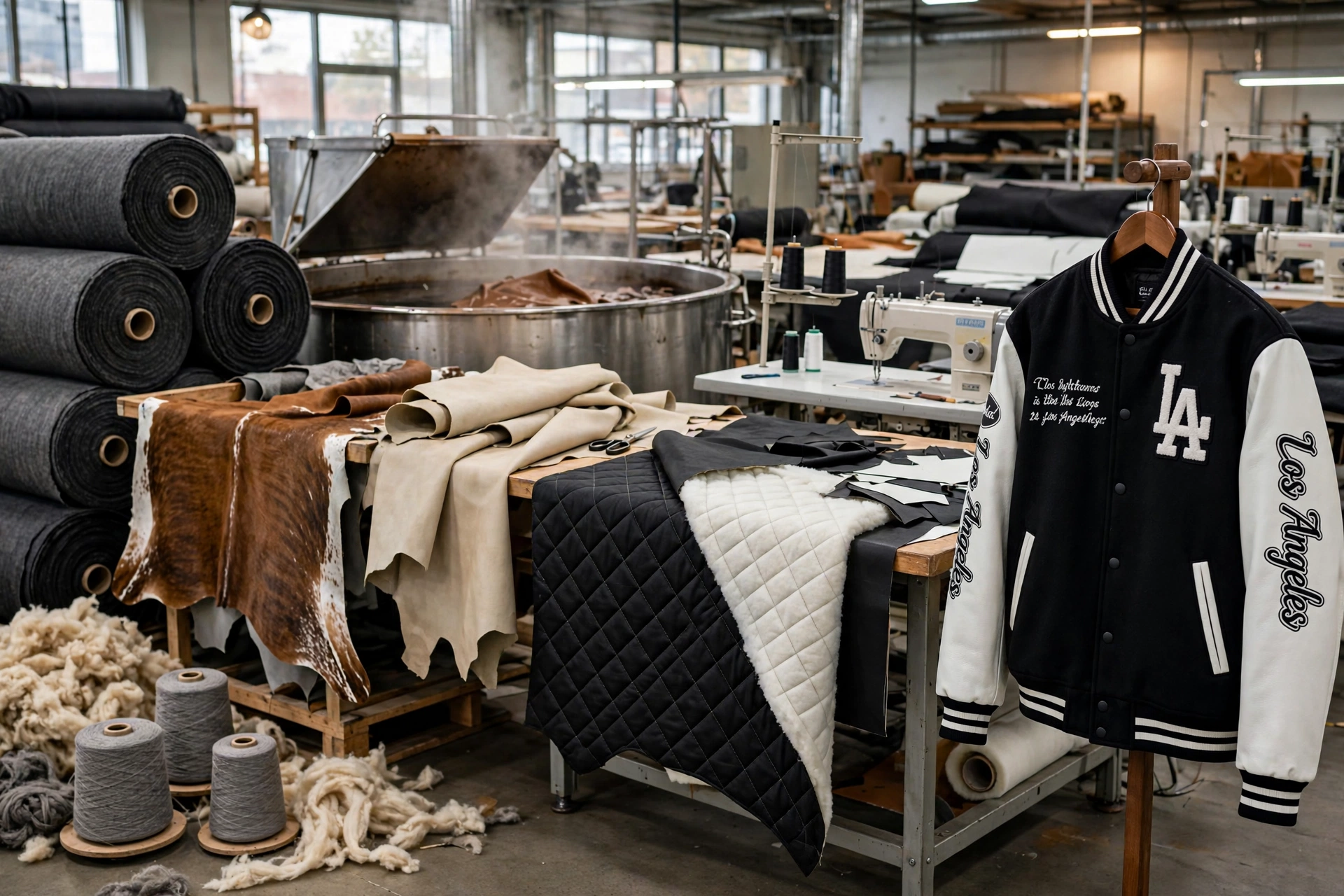 Varsity jacket manufacturing ecosystem from yarn to outerwear - heavyweight Melton wool rolls, genuine cowhide and lambskin leather hides, quilted diamond satin thermal lining, finished LA varsity jacket in factory