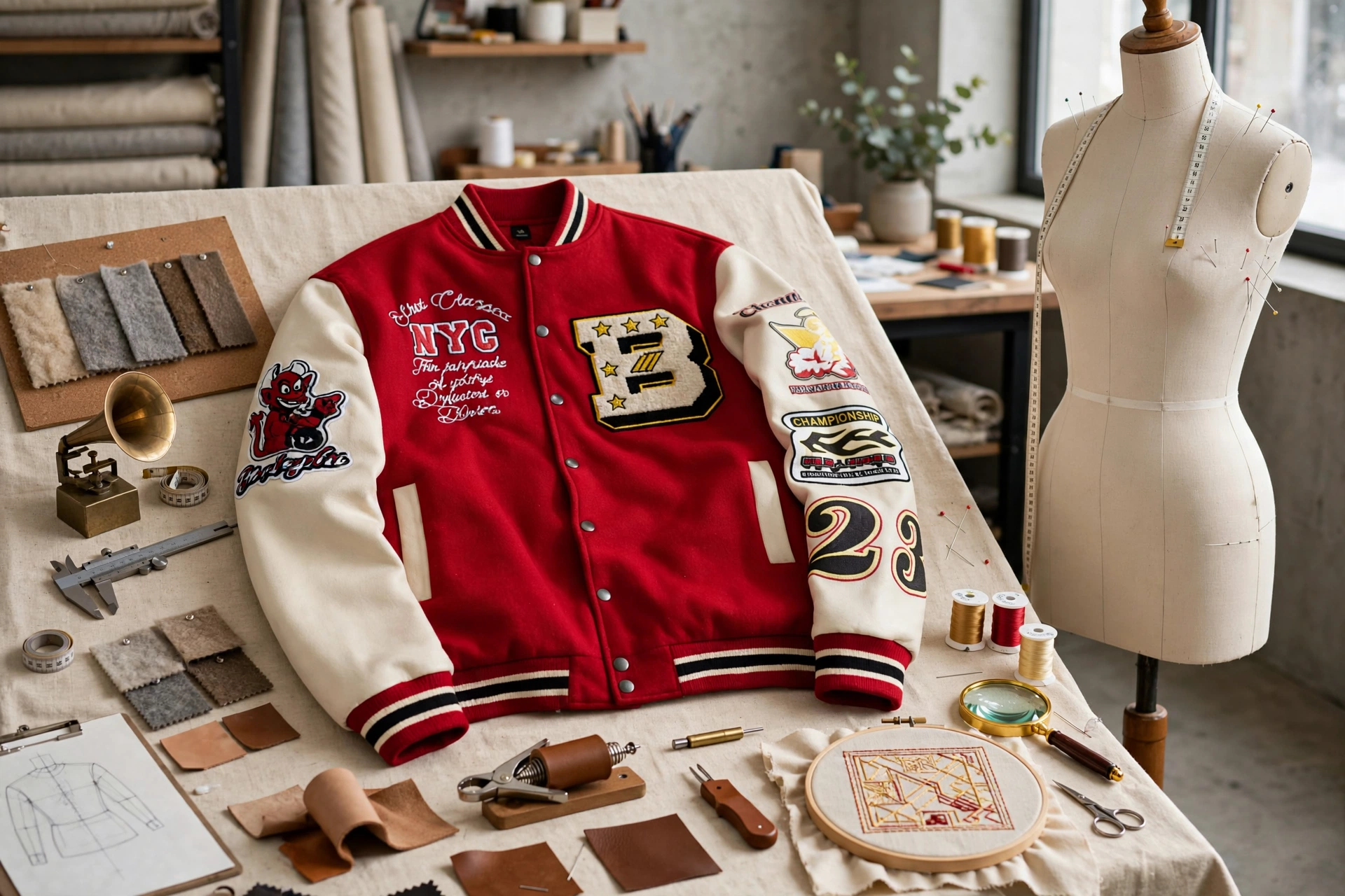 Red NYC varsity jacket sample prototyping - red wool body cream sleeves NYC First Class B chenille patches on quality control table with wool swatches leather samples and embroidery inspection