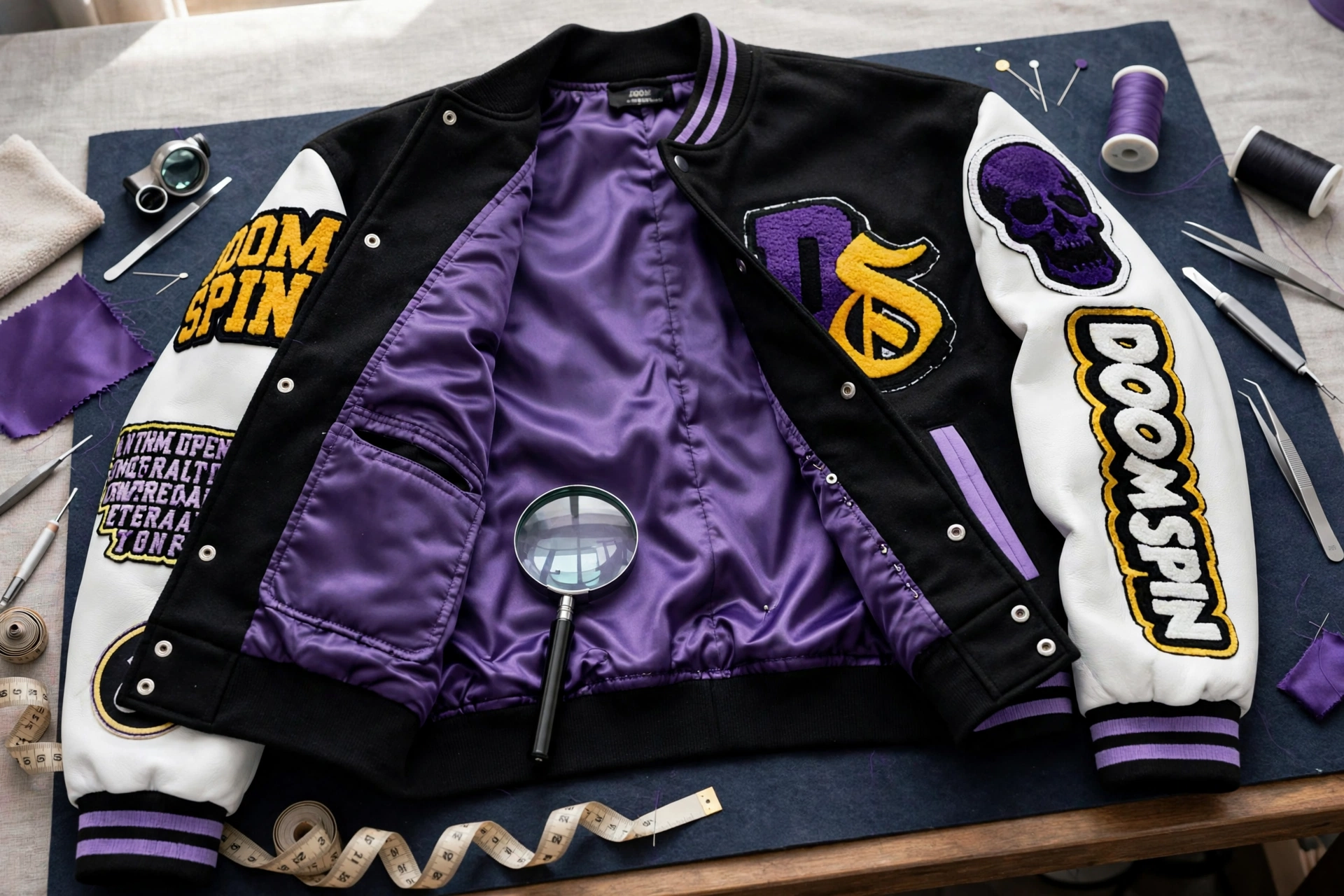 Retail-ready varsity jacket quality control - Doom Spin jacket open to show purple satin lining, inner pocket, custom snap buttons, stitch inspection tools on QC table