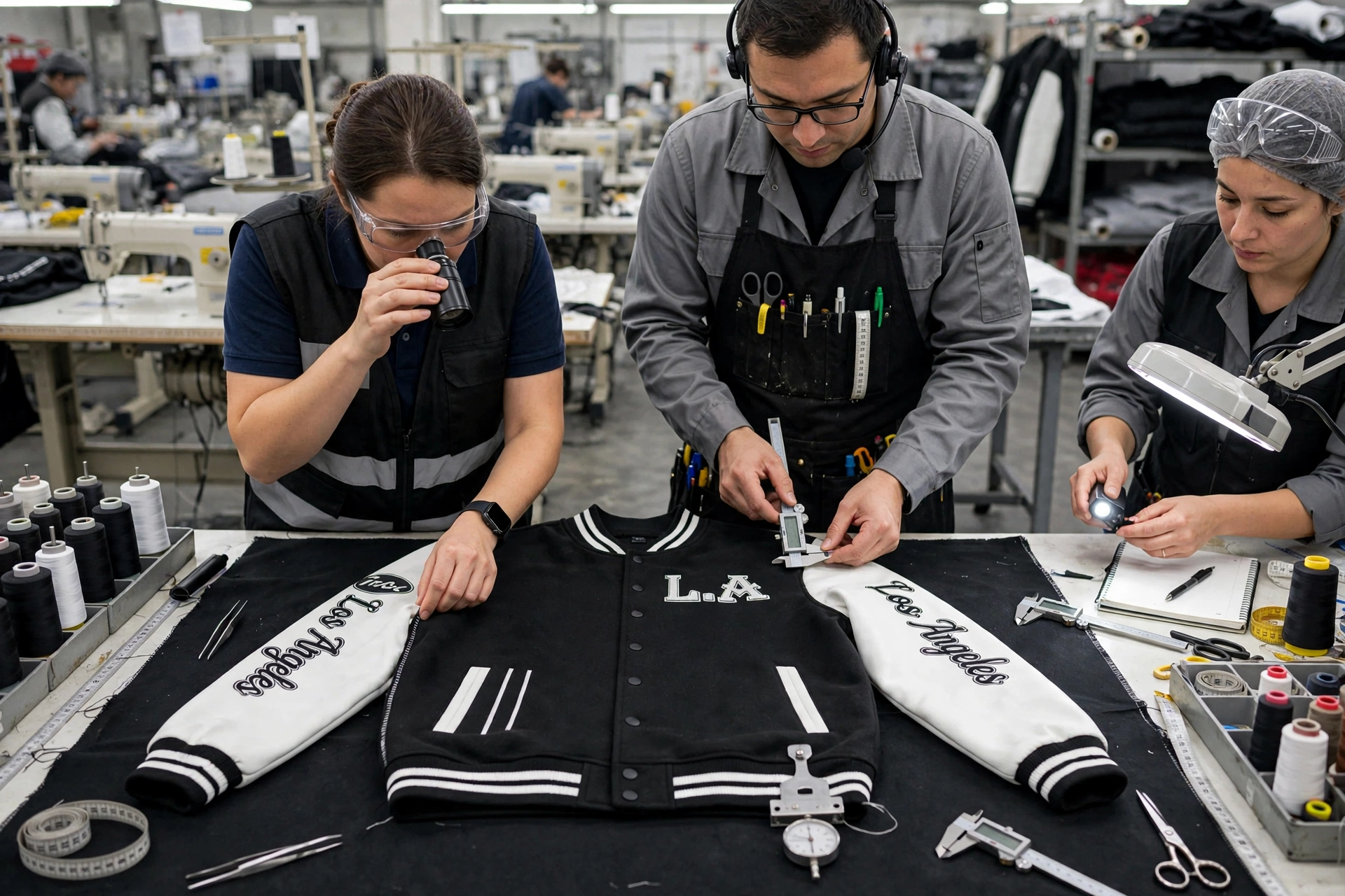 Black and white LA varsity jacket with Los Angeles script sleeves on sewing inspection table with three QC technicians checking stitch density seam symmetry with magnifier caliper and torch - stitching and assembly supervision 1536x1024