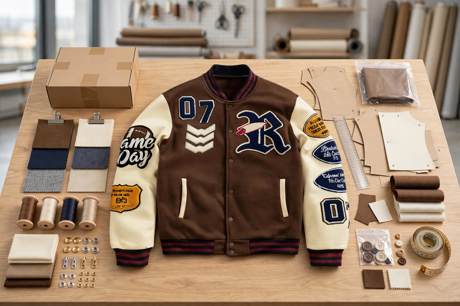 Brown cream 07 varsity jacket on design table with tech pack pattern pieces, fabric swatches, thread spools, buttons, zippers, measuring tape and carton - enterprise partnership seamless OEM ODM 1536x1024