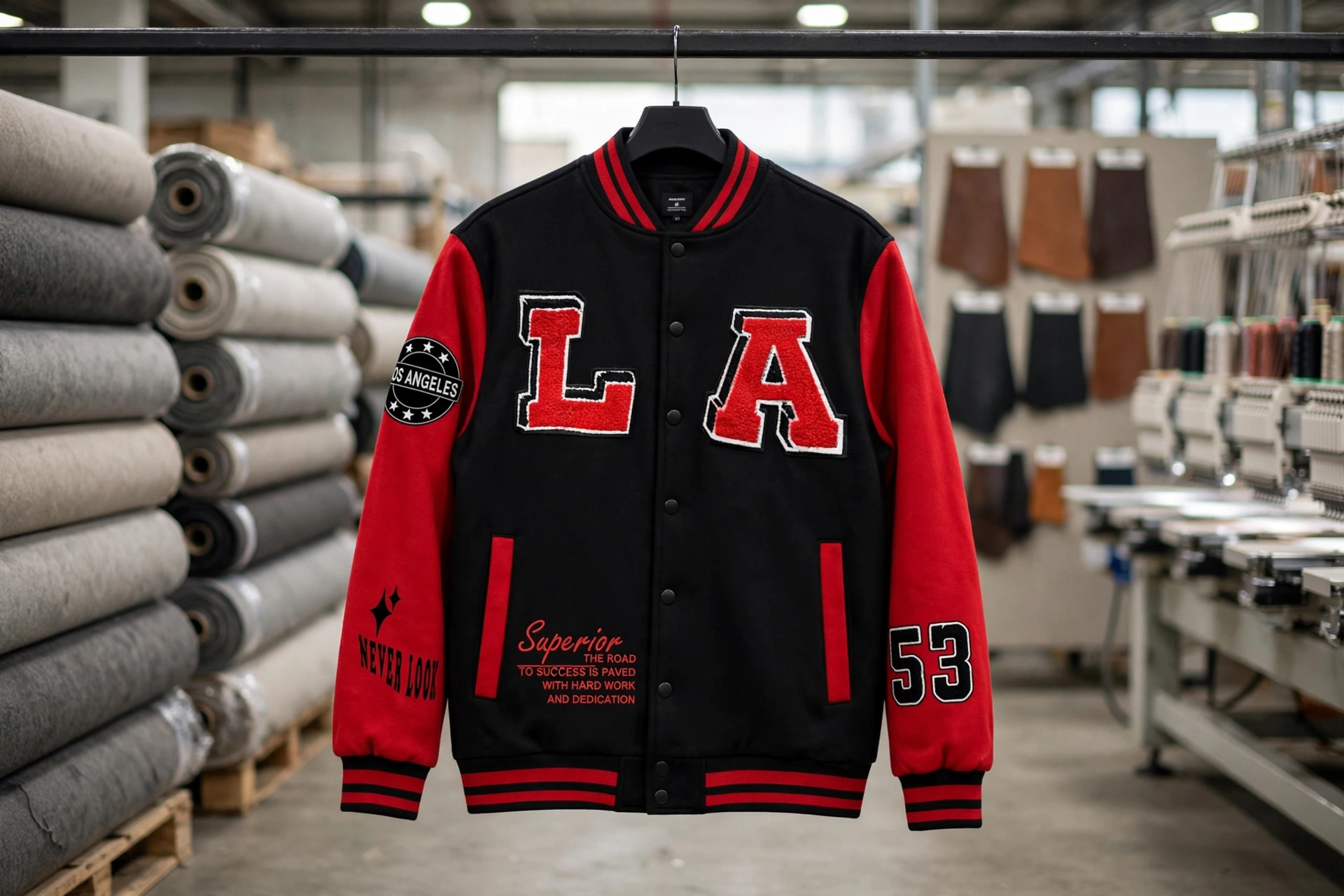 Black and red custom LA varsity jacket displayed in OEM apparel factory with Melton wool rolls and leather swatches - direct factory partnership for custom bomber and letterman jackets by Deuka Wears