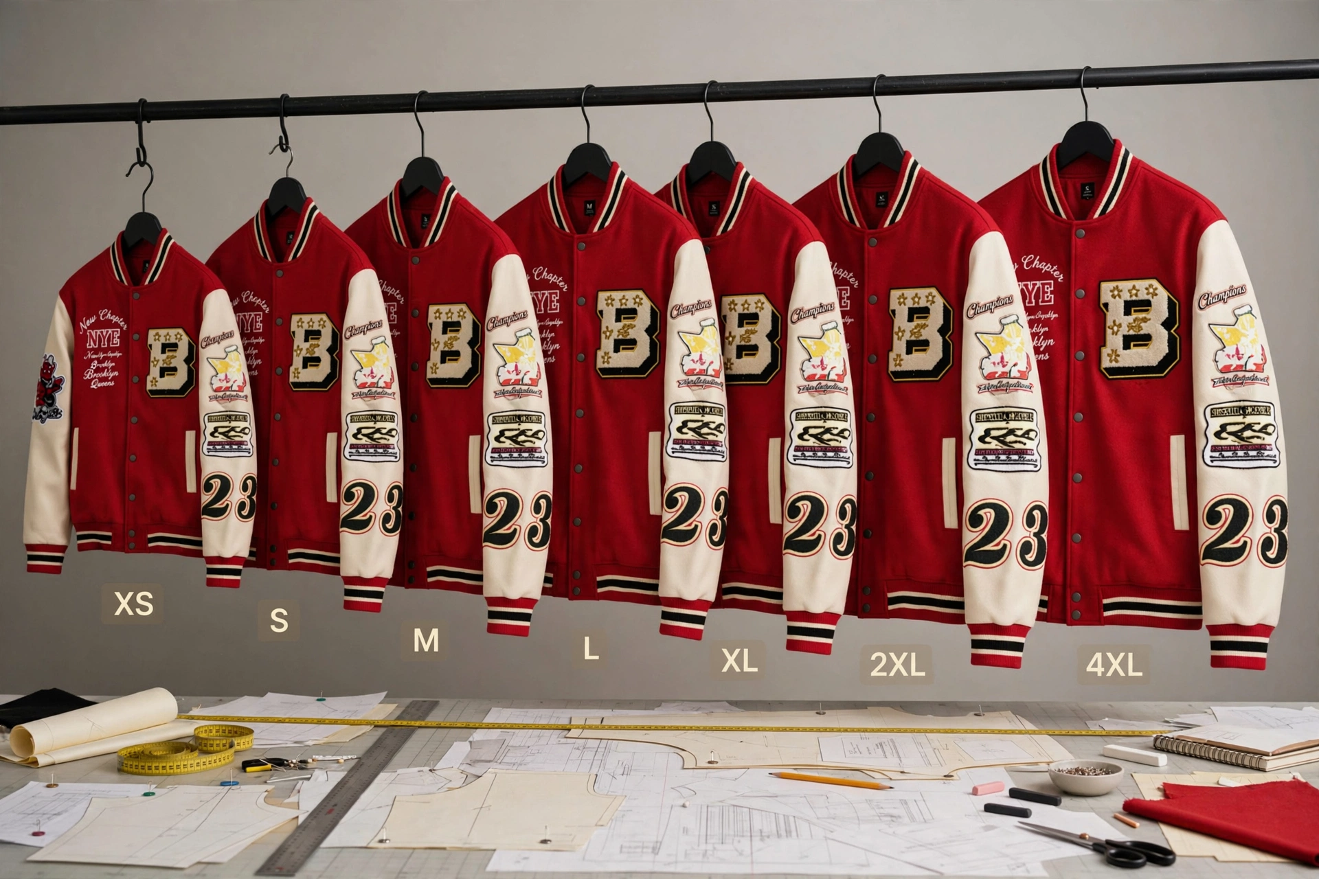 Red NYE varsity letterman jackets displayed in size range XS to Adult 4XL on hangers showing granular grading for high school athletes university and streetwear brands - Deuka Wears custom sizing